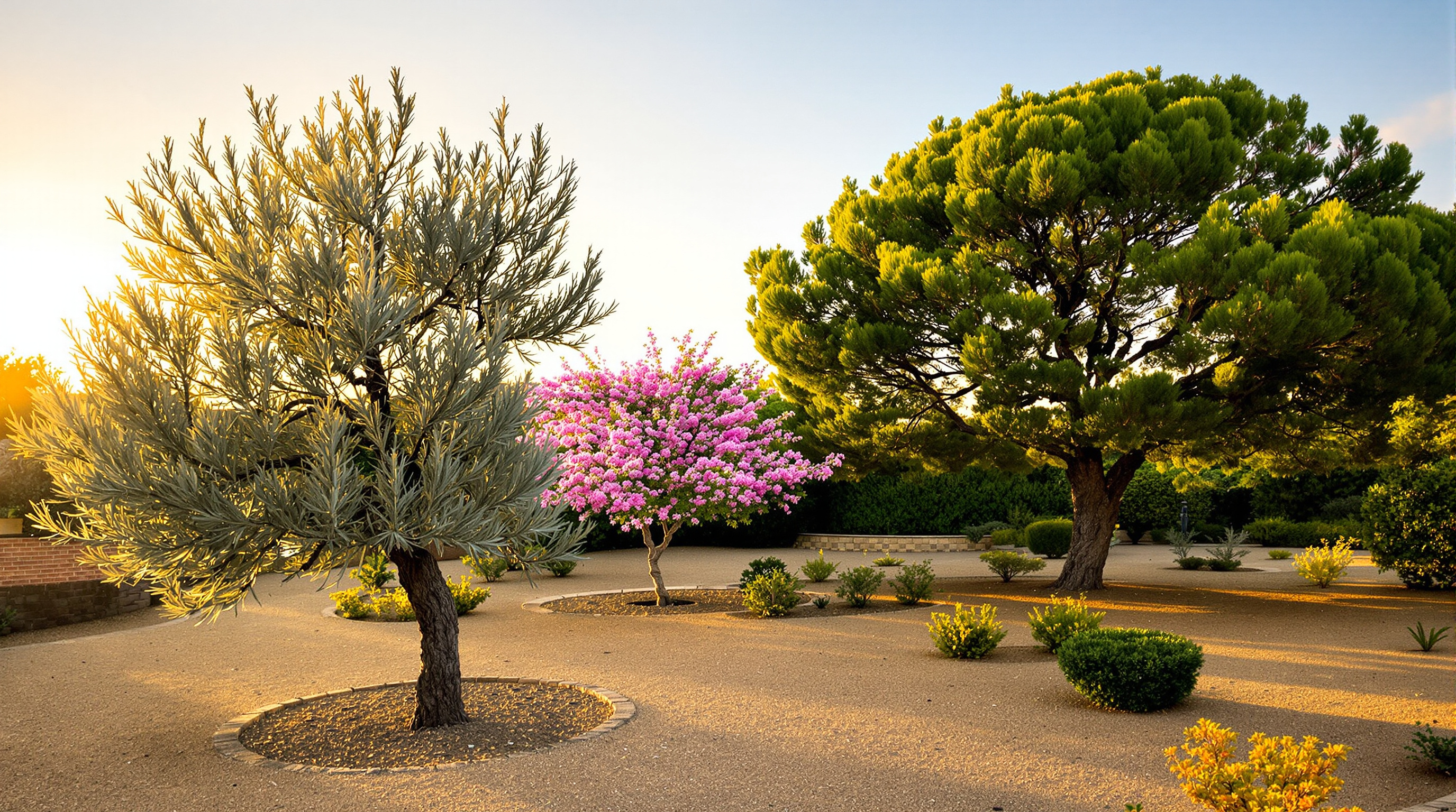 Alternatives méditerranéennes : olivier de Bohême élégant, albizia vaporeux et chêne vert majestueux dans un jardin lumineux