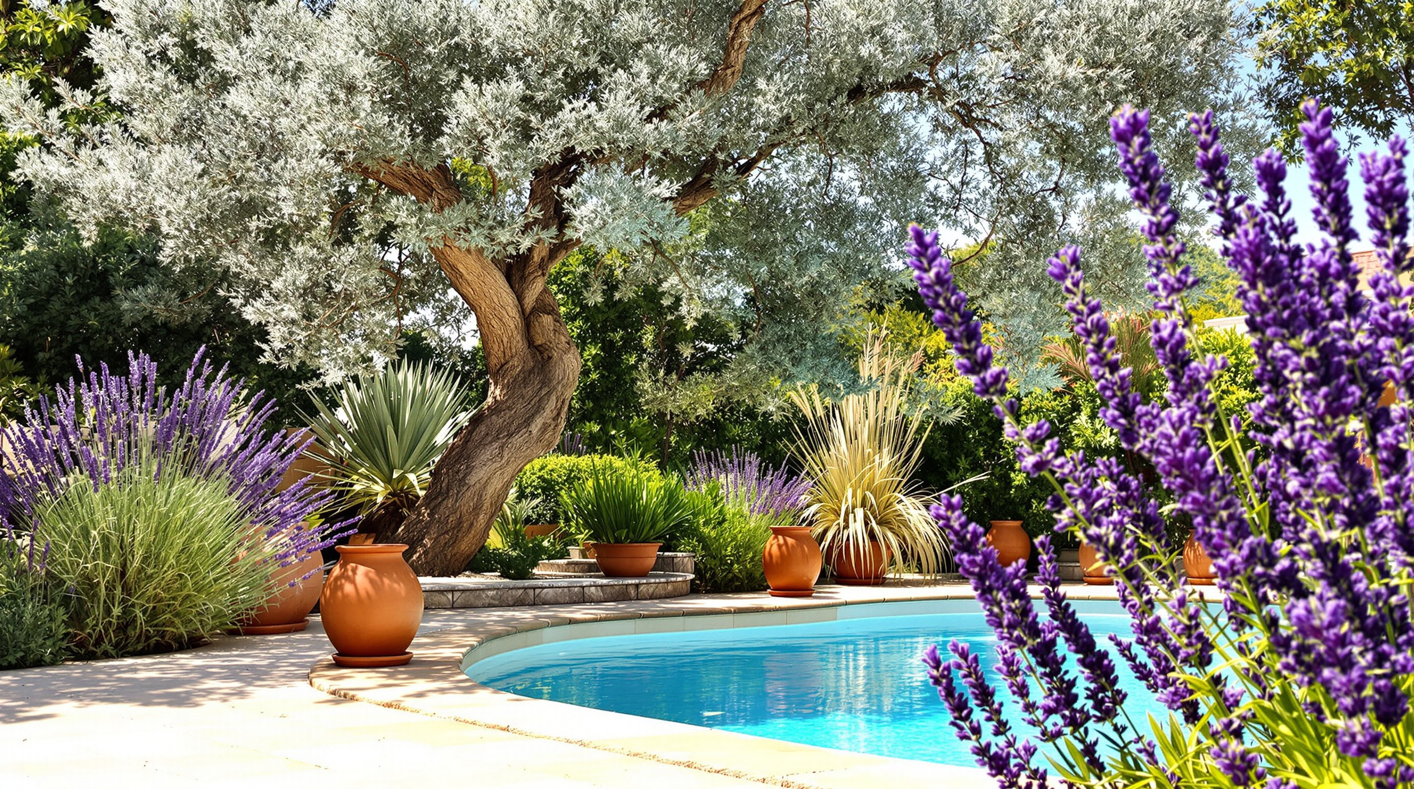 Ambiance jardin méditerranéen autour d'une piscine avec lavandes, olivier et graminées