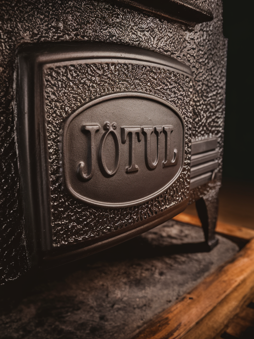 Plan serré sur le logo emblématique de JØTUL en relief sur la fonte noire granuleuse.