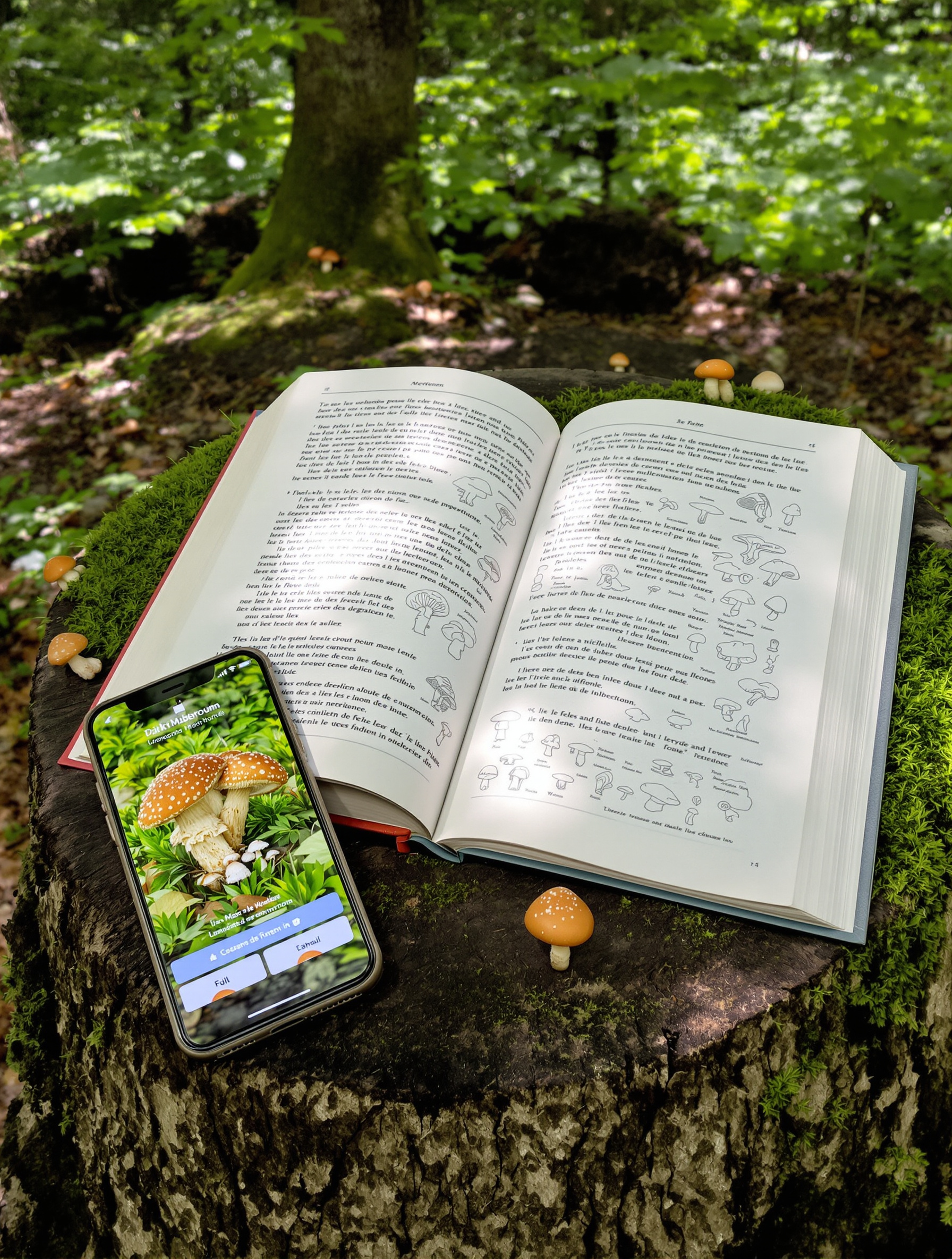 Un livre de mycologie ouvert, richement illustré de dessins botaniques précis, posé sur une souche dans la forêt. À côté, un smartphone affiche une application de reconnaissance de champignons, créant un contraste entre savoir traditionnel et technologie moderne.