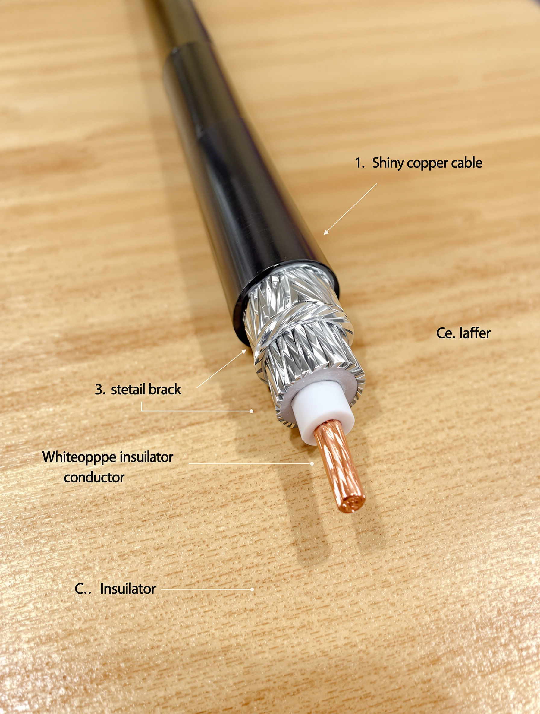 Câble coaxial parfaitement dénudé avec légendes explicatives