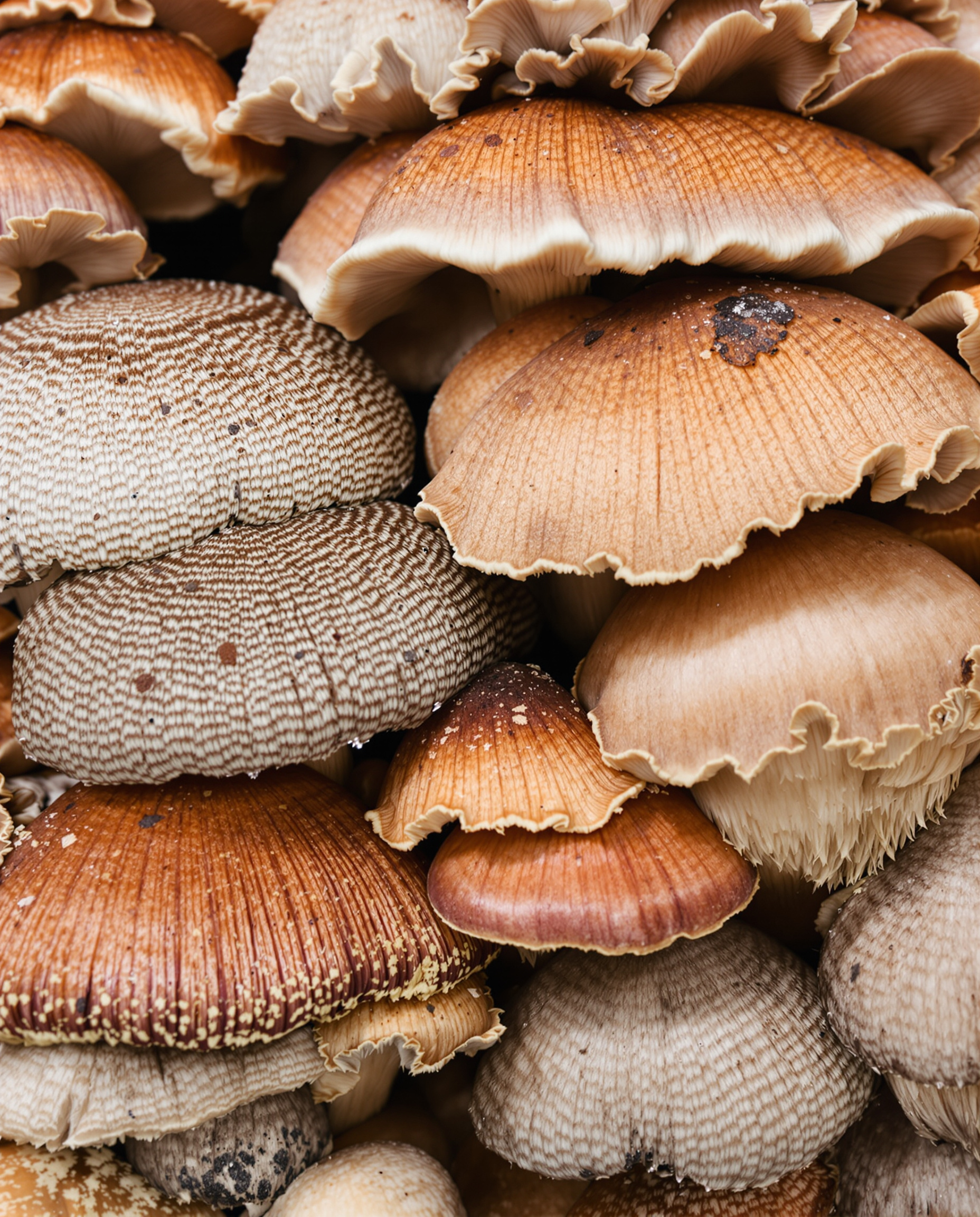 Différents chapeaux de champignons vus en gros plan, textures et couleurs variées, ambiance poétique
