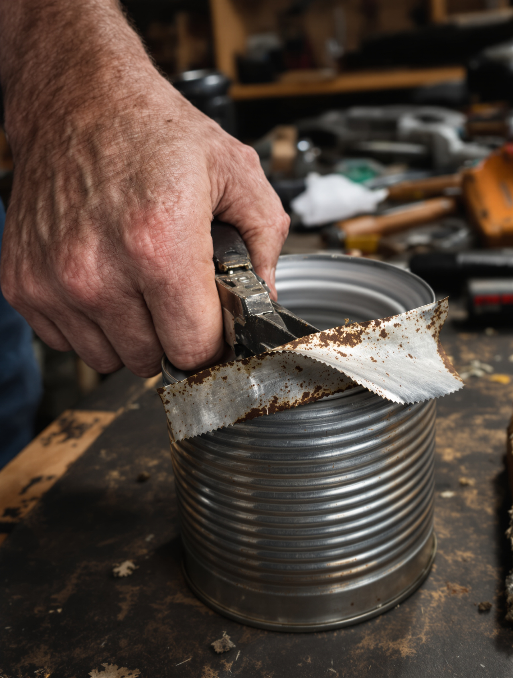 Une main d'artisan saisit fermement une pince plate autour du rebord d'une boîte de conserve posée sur un établi. On distingue déjà le métal du couvercle plié vers l'extérieur, en train d'être pelé petit à petit comme une vieille tôle rouillée.