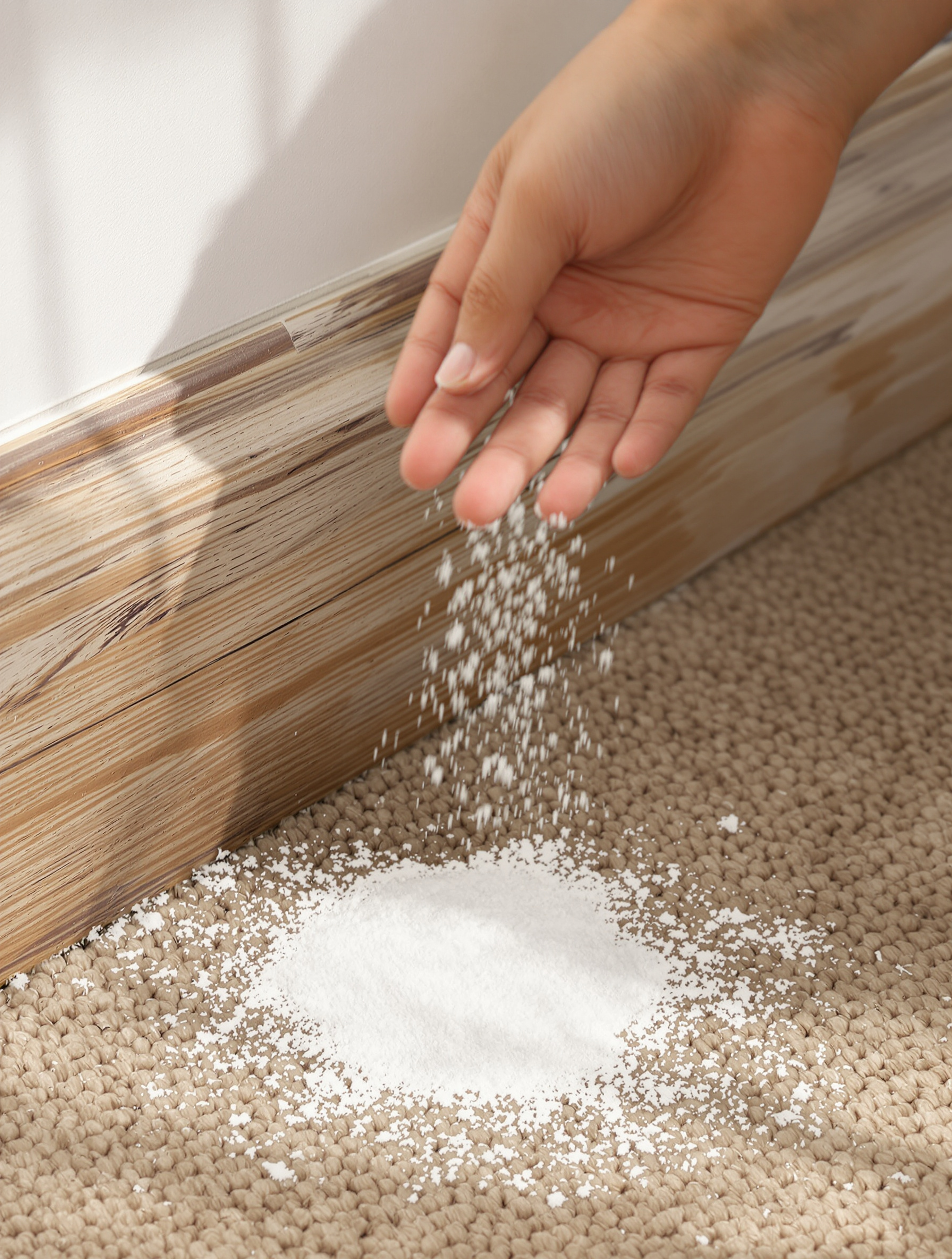 Main saupoudrant du bicarbonate près d'une plinthe en bois