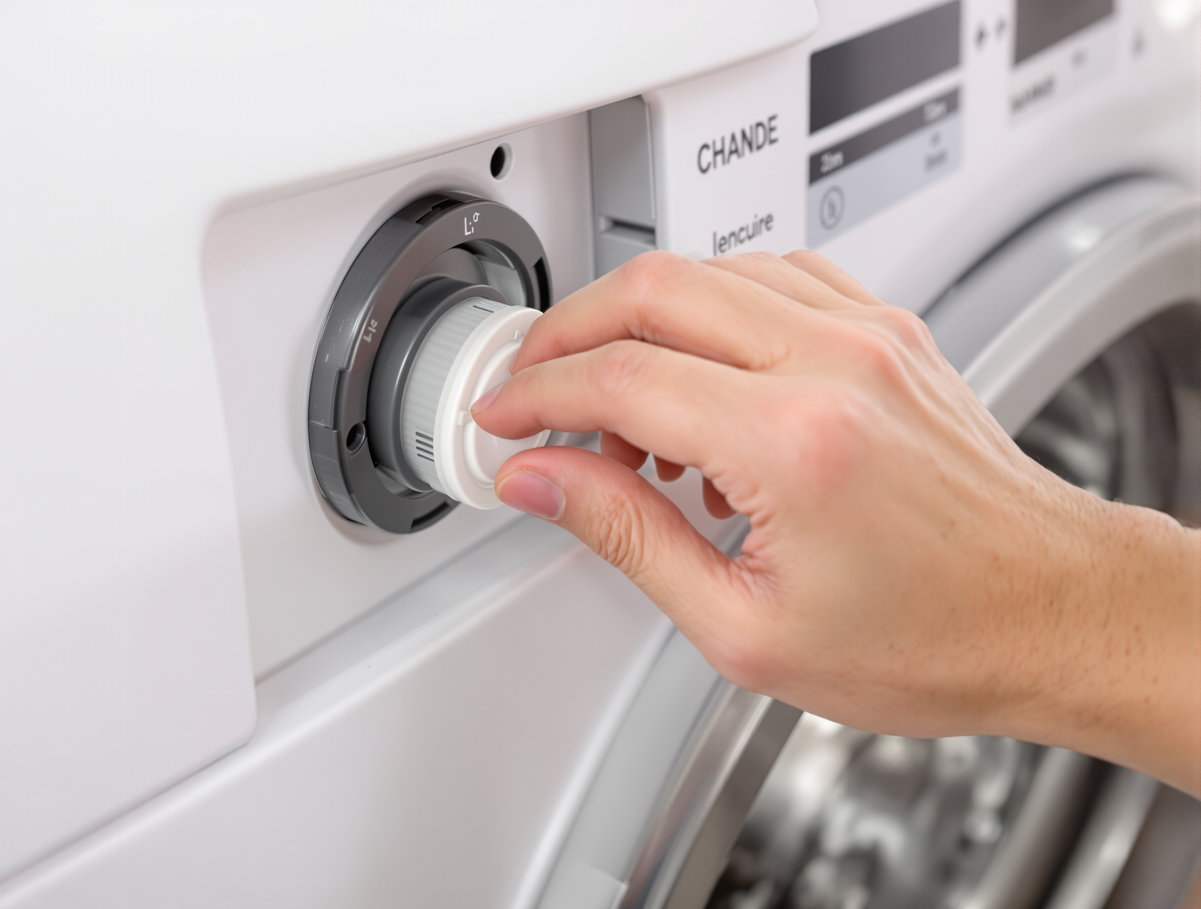 Main dévissant le bouchon du filtre d'une machine à laver.