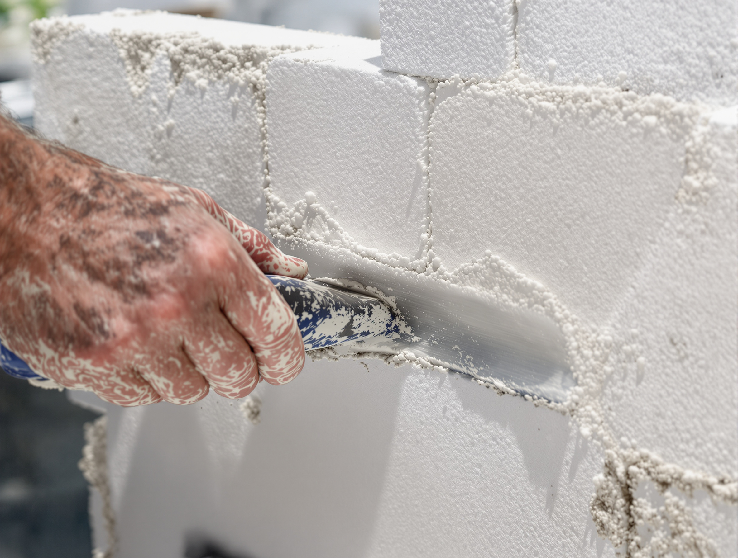 Un plan rapproché des mains d'un artisan appliquant du mortier-colle sur un bloc de béton cellulaire SIPOREX avec une truelle dentée adaptée à la largeur du bloc. L'image montre clairement les sillons réguliers laissés par la truelle.
