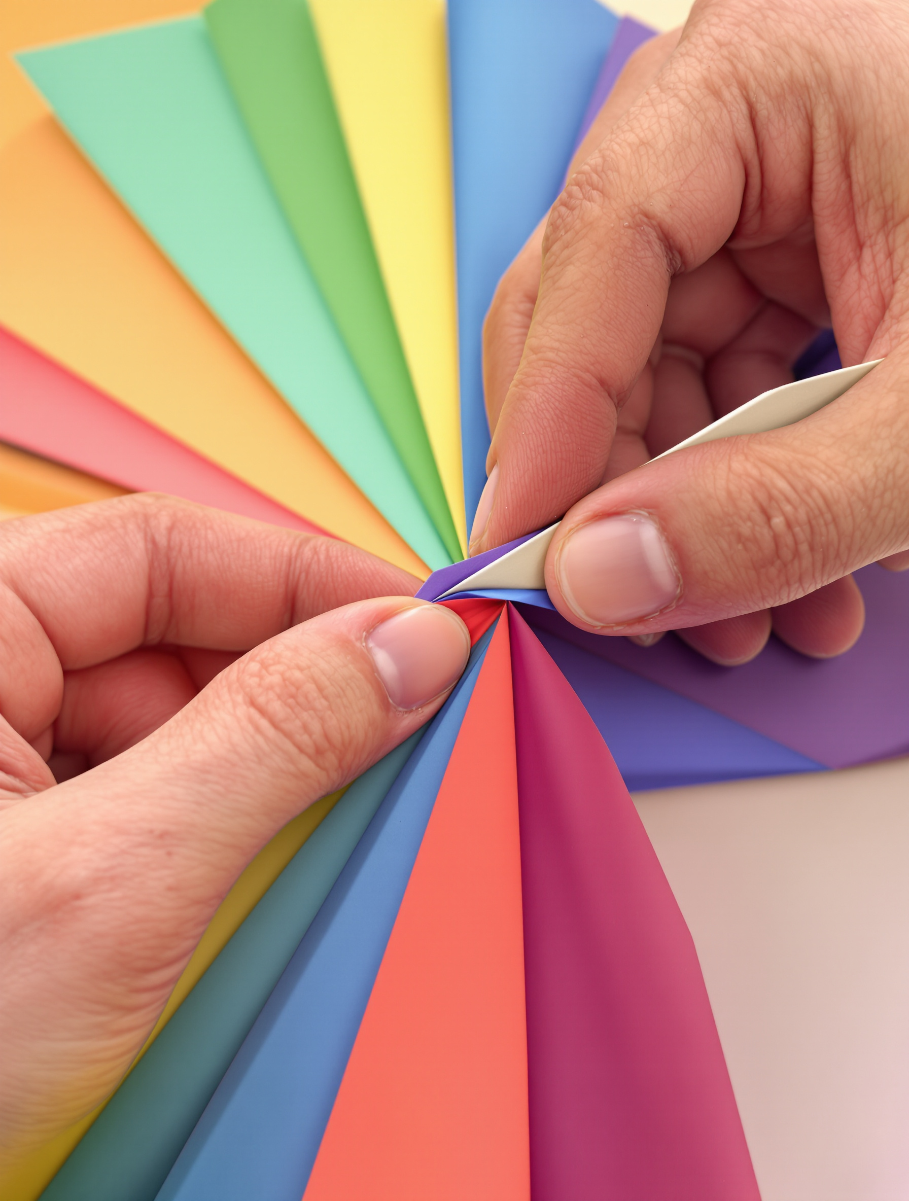 Gros plan mains marquant un pli origami avec ongle et plioir