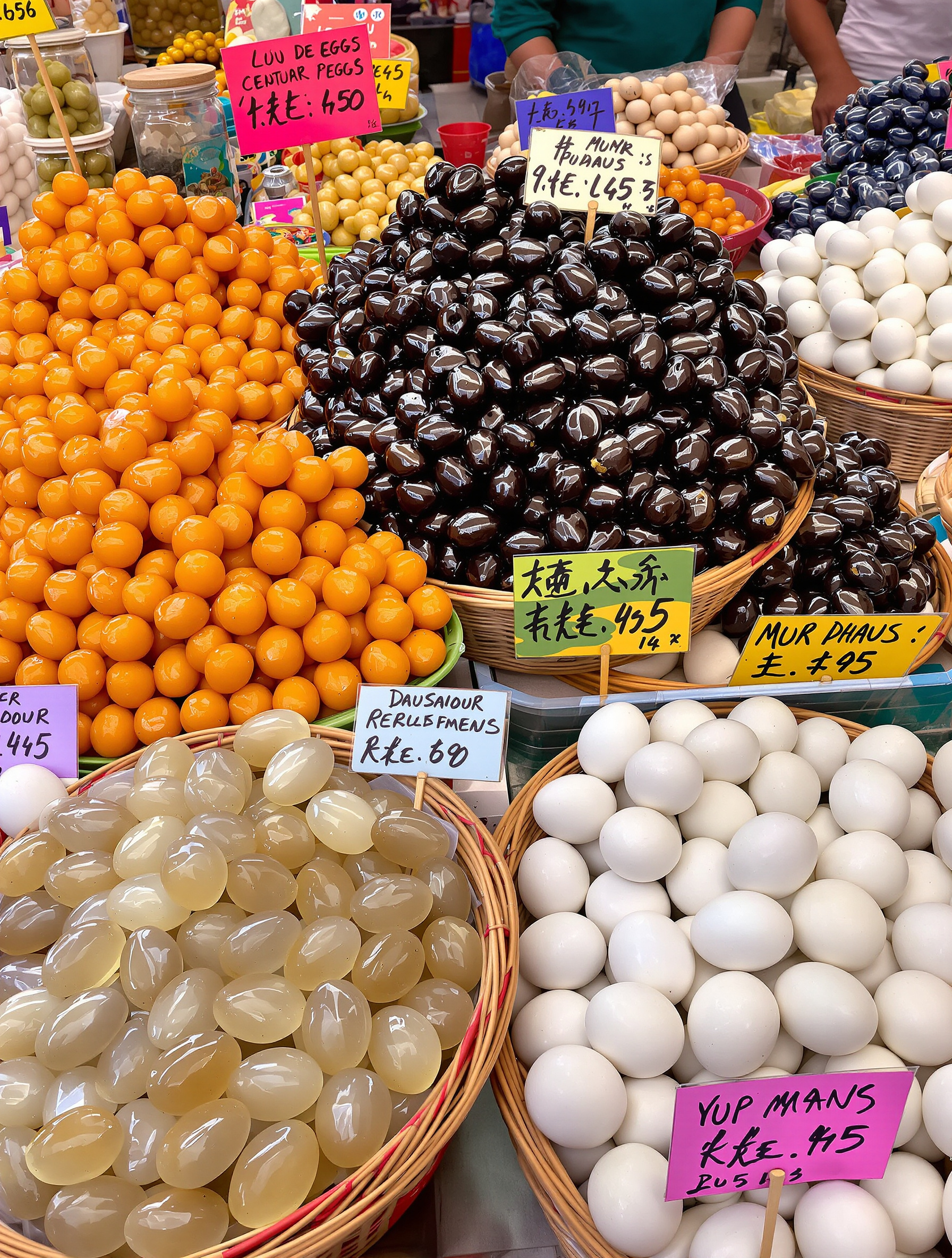 Marché asiatique coloré présentant œufs de cent ans (pidan) et œufs salés à côté d’œufs blancs classiques.