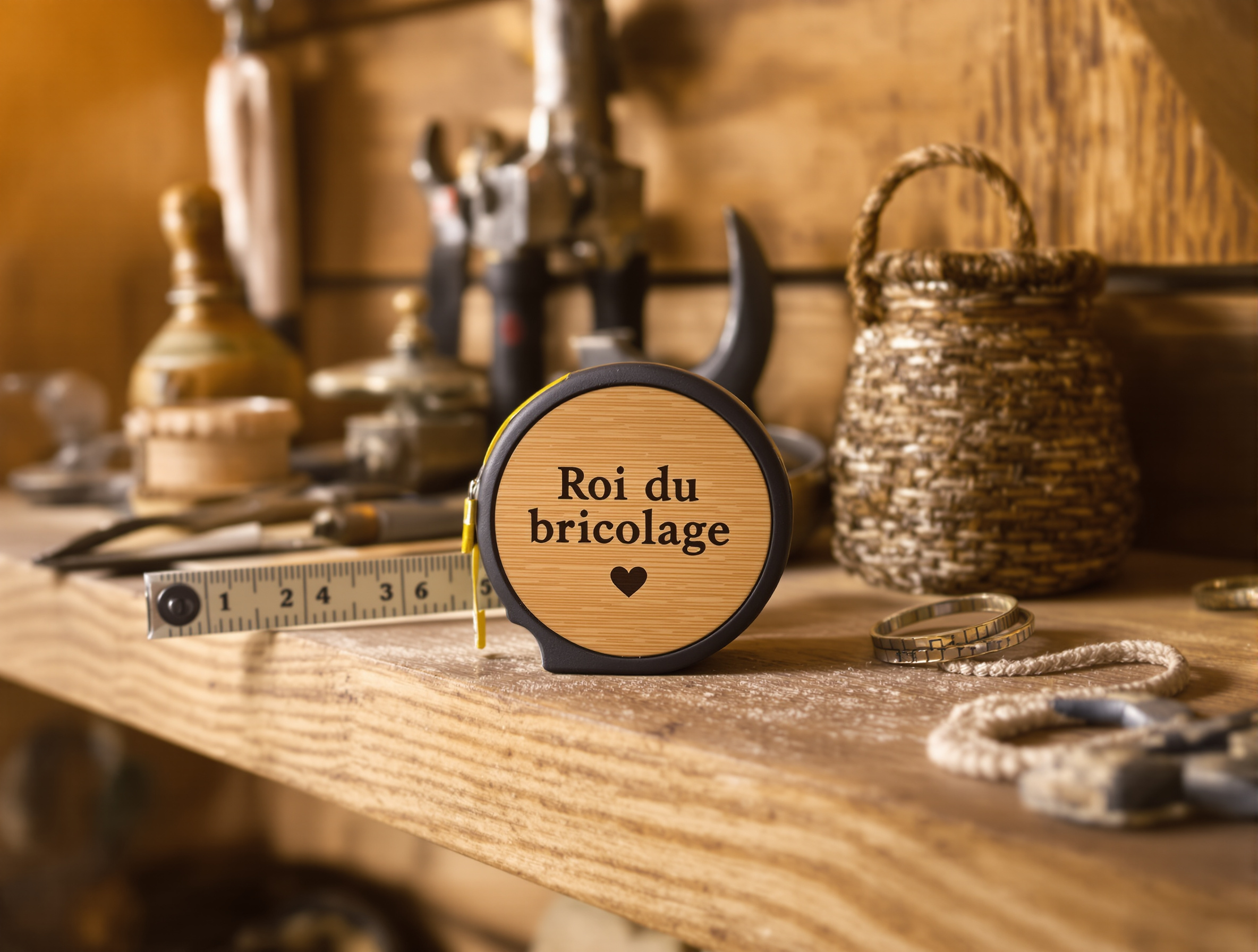 Mètre ruban personnalisé bambou gravé Roi du bricolage
