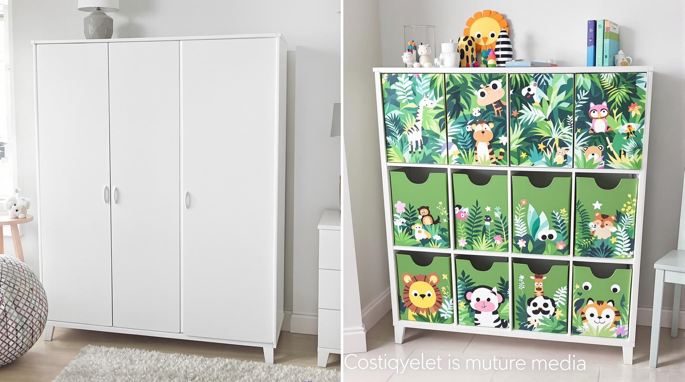 Meuble TROFAST avant et après customisation jungle avec stickers animaux