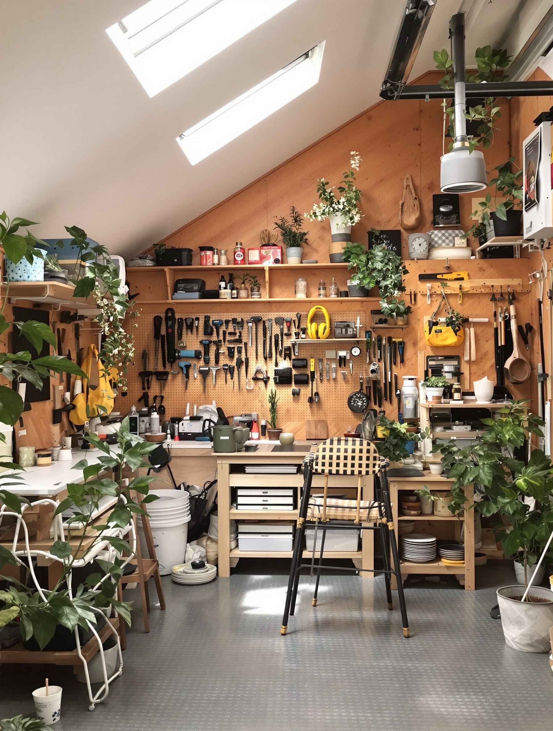 Mezzanine de garage chaleureusement aménagée en atelier créatif lumineux