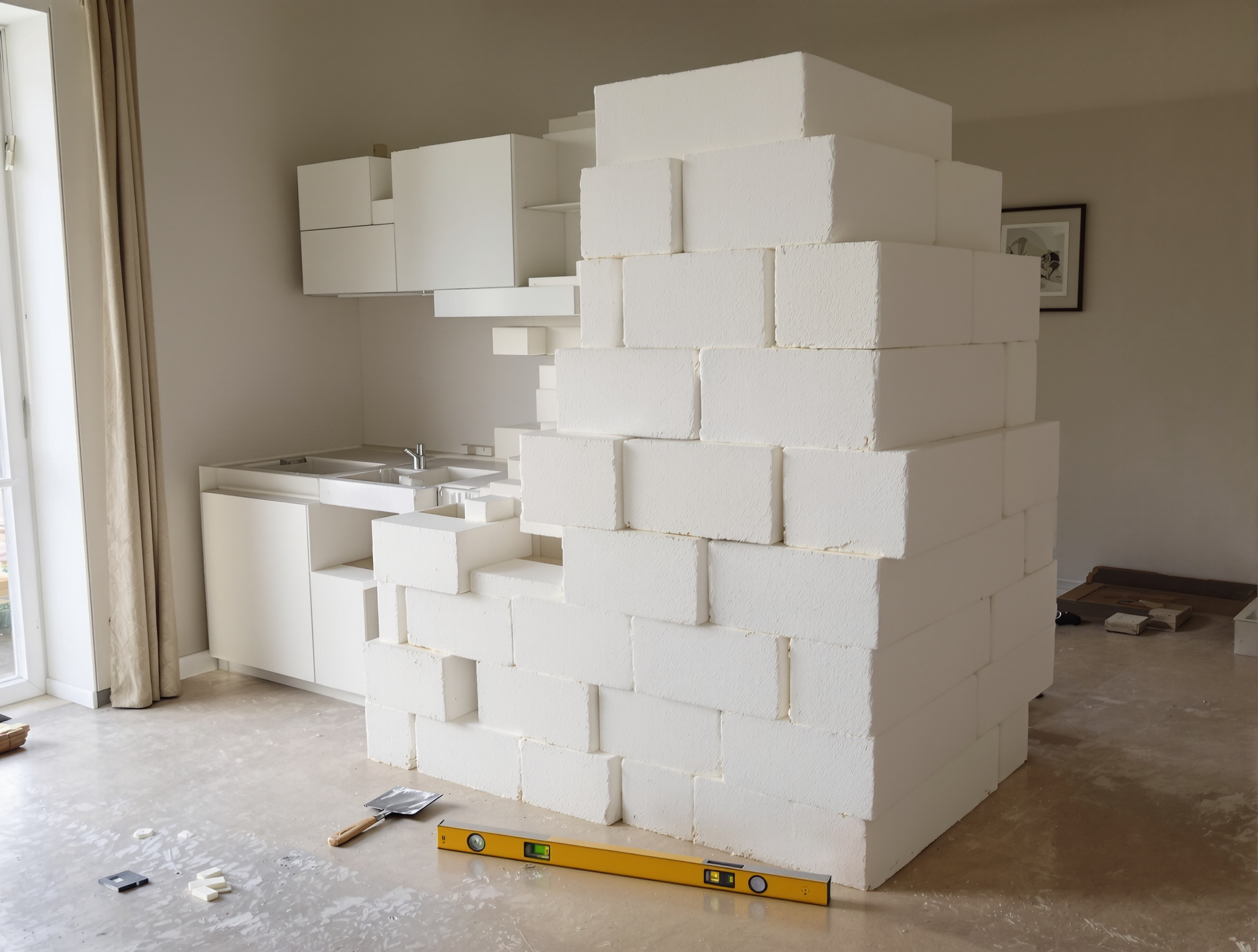 Montage d'une structure de cuisine en béton cellulaire Siporex avec truelle et niveau à bulle.