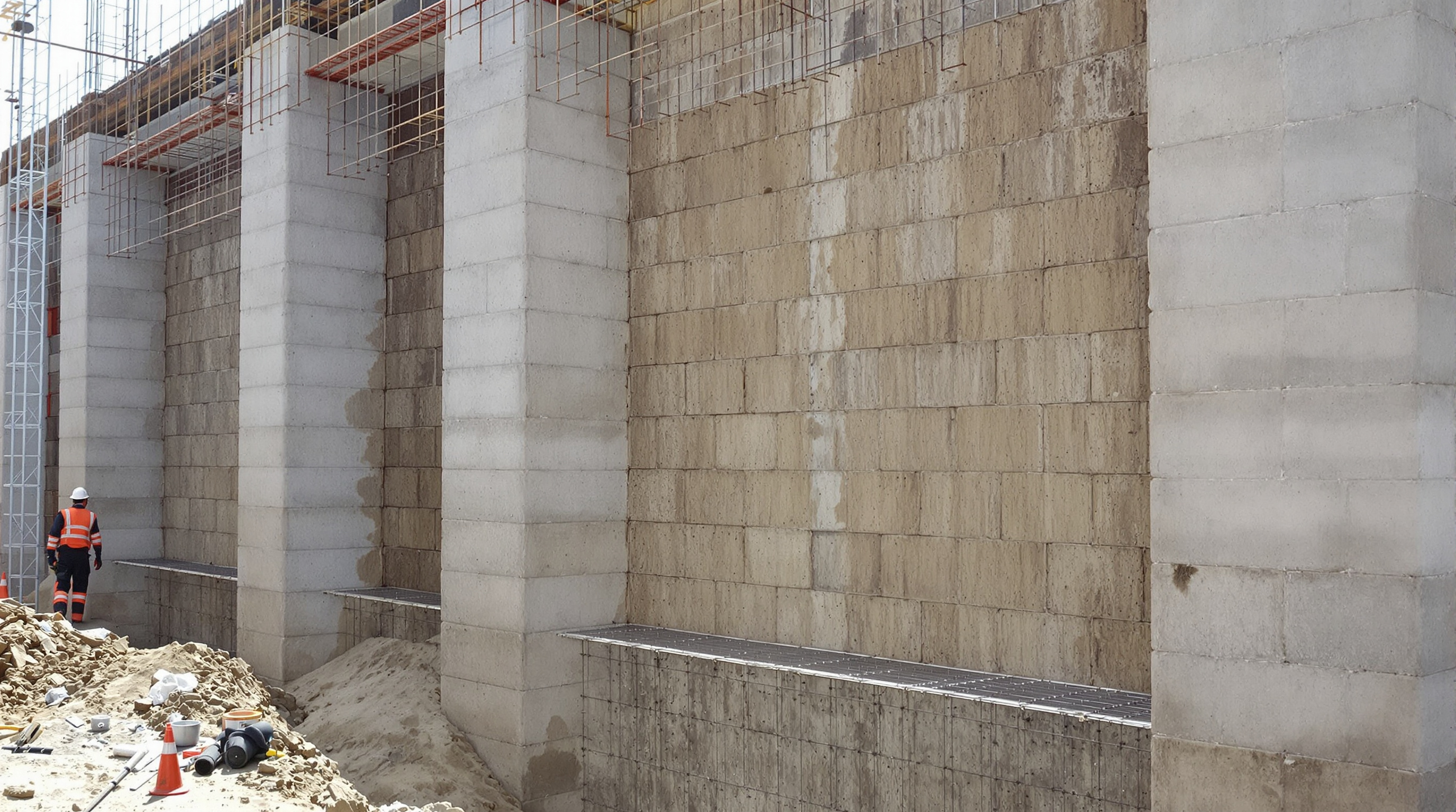 Mur porteur ou mur de soutènement massif en parpaing plein ou à bancher avec fondations profondes et ferraillage apparent sur un vrai chantier.