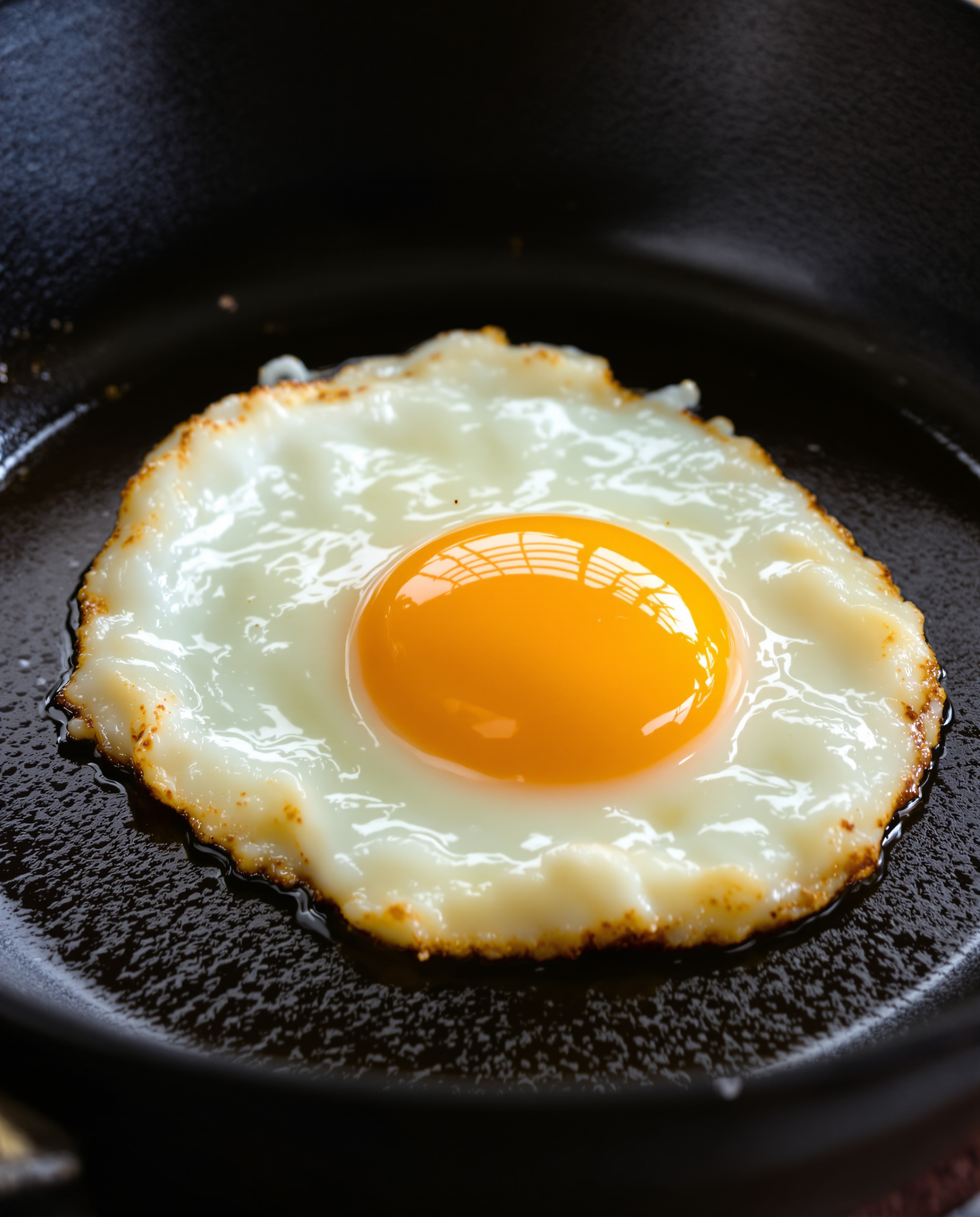 Œuf de canard au plat dans une poêle en fonte, blanc ferme et jaune orangé coulant.
