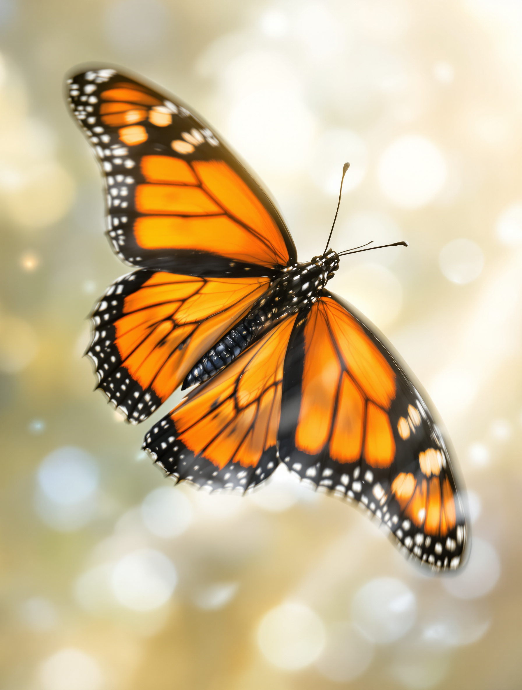 Papillon monarque orange et noir en vol, lumière douce, spiritualité