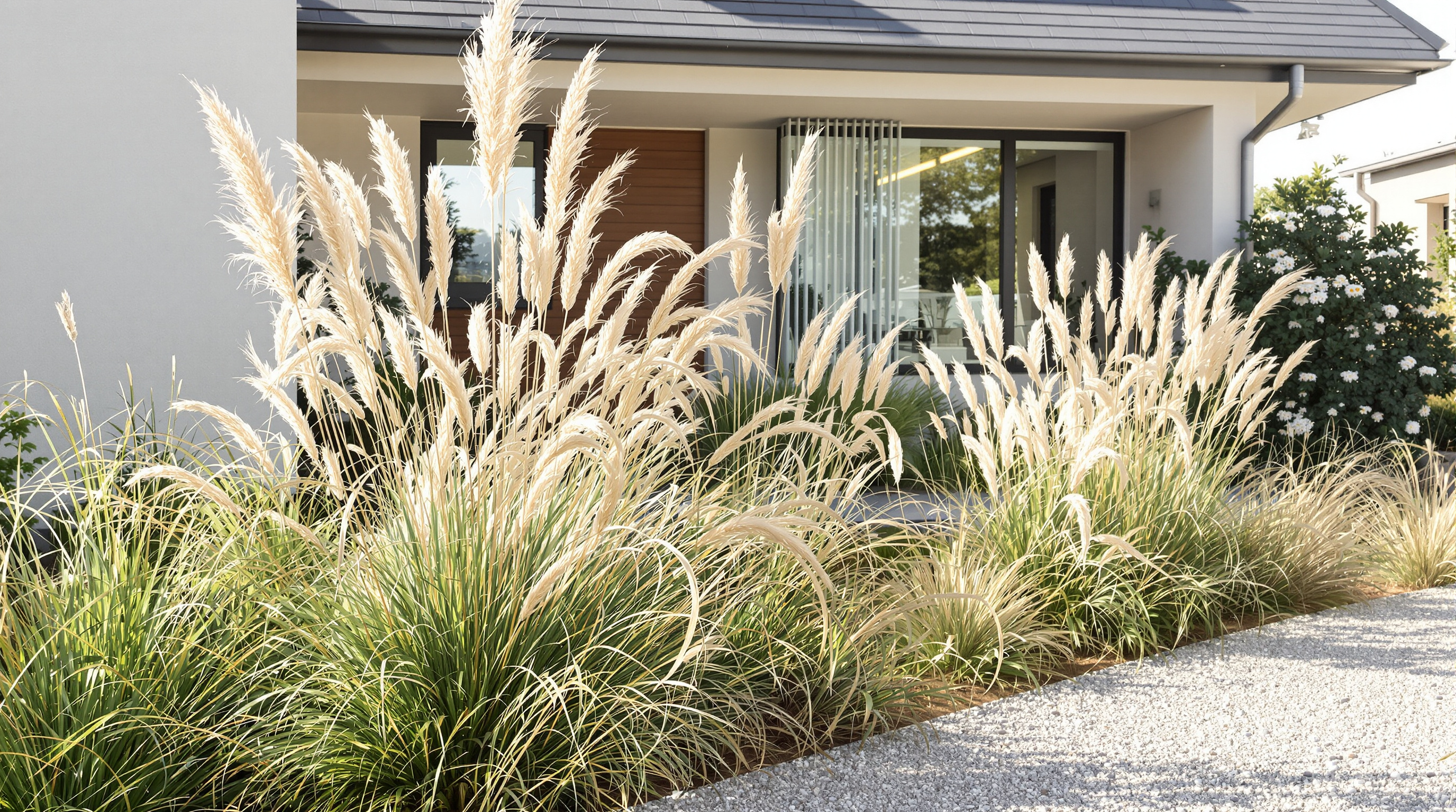 Parterre moderne de graminées devant une maison