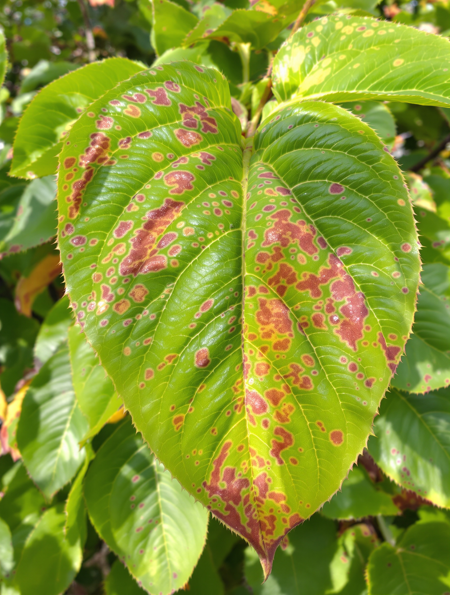 Feuilles de pêcher atteintes par la cloque – boursouflures caractéristiques au petit matin.