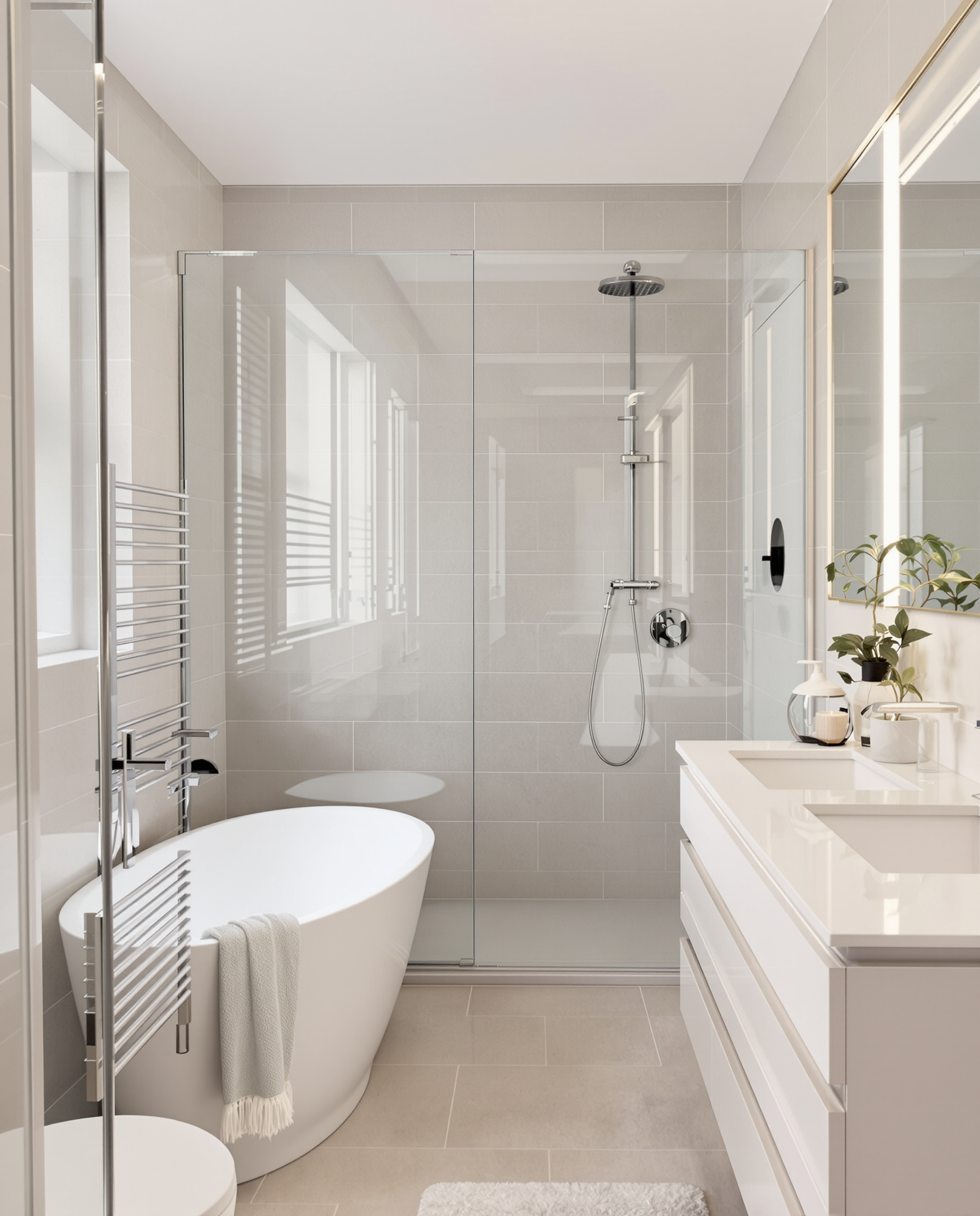 Petite salle de bain moderne avec baignoire sabot et douche italienne avec receveur à carreler