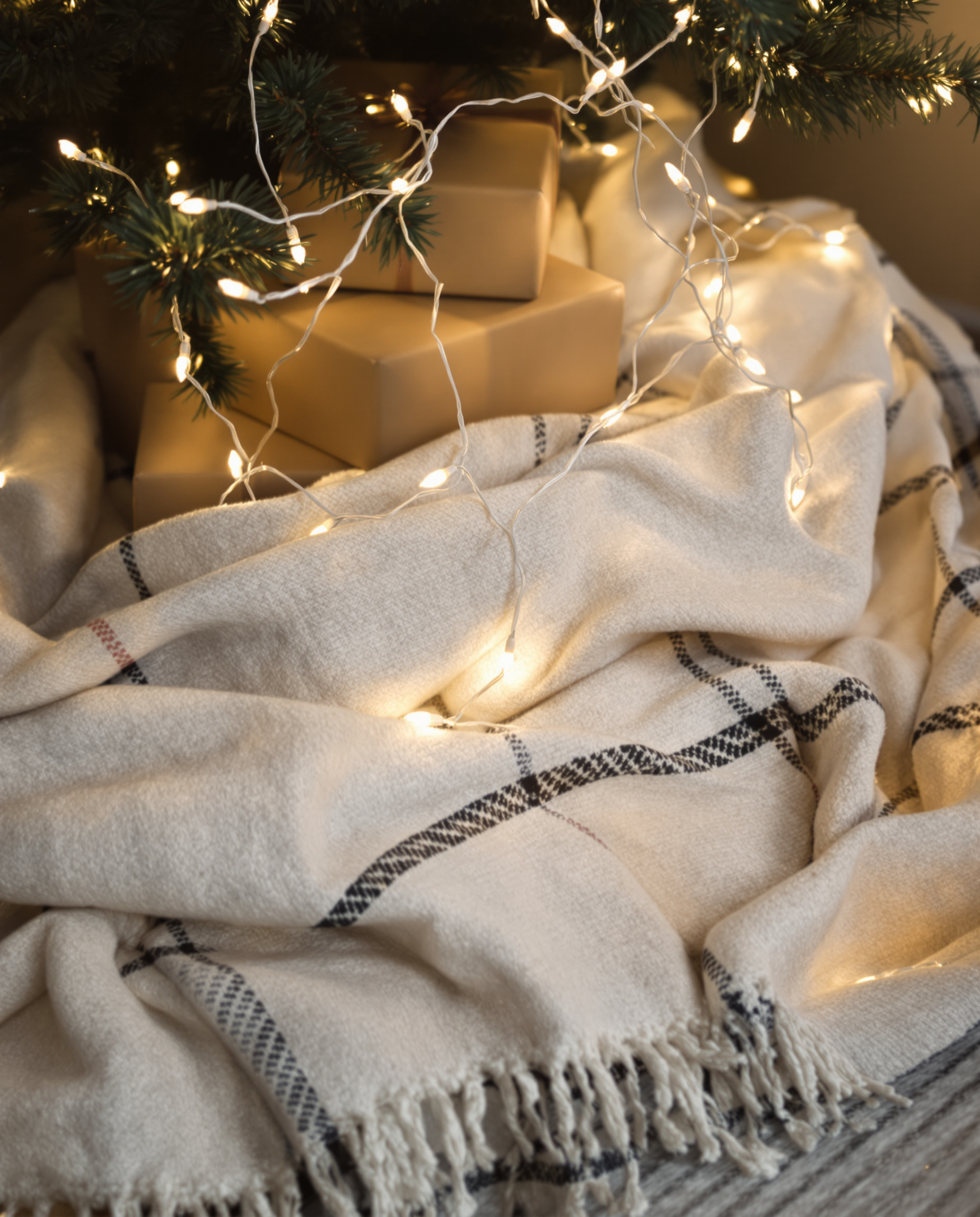 Pied de sapin dissimulé sous un plaid crème drapé élégamment avec guirlande lumineuse et paquets cadeaux kraft