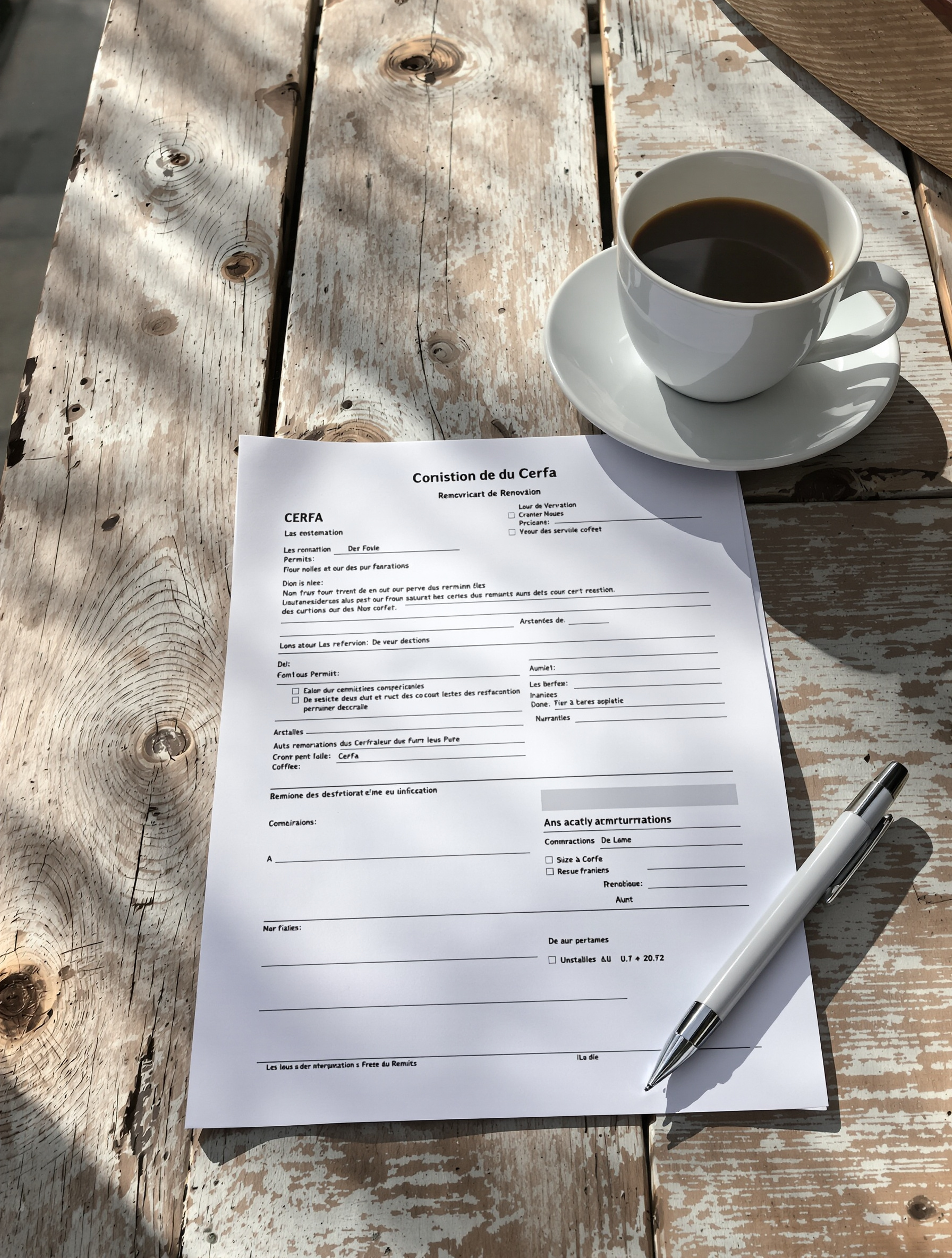 Formulaire Cerfa déclaration travaux sur table ancienne avec café