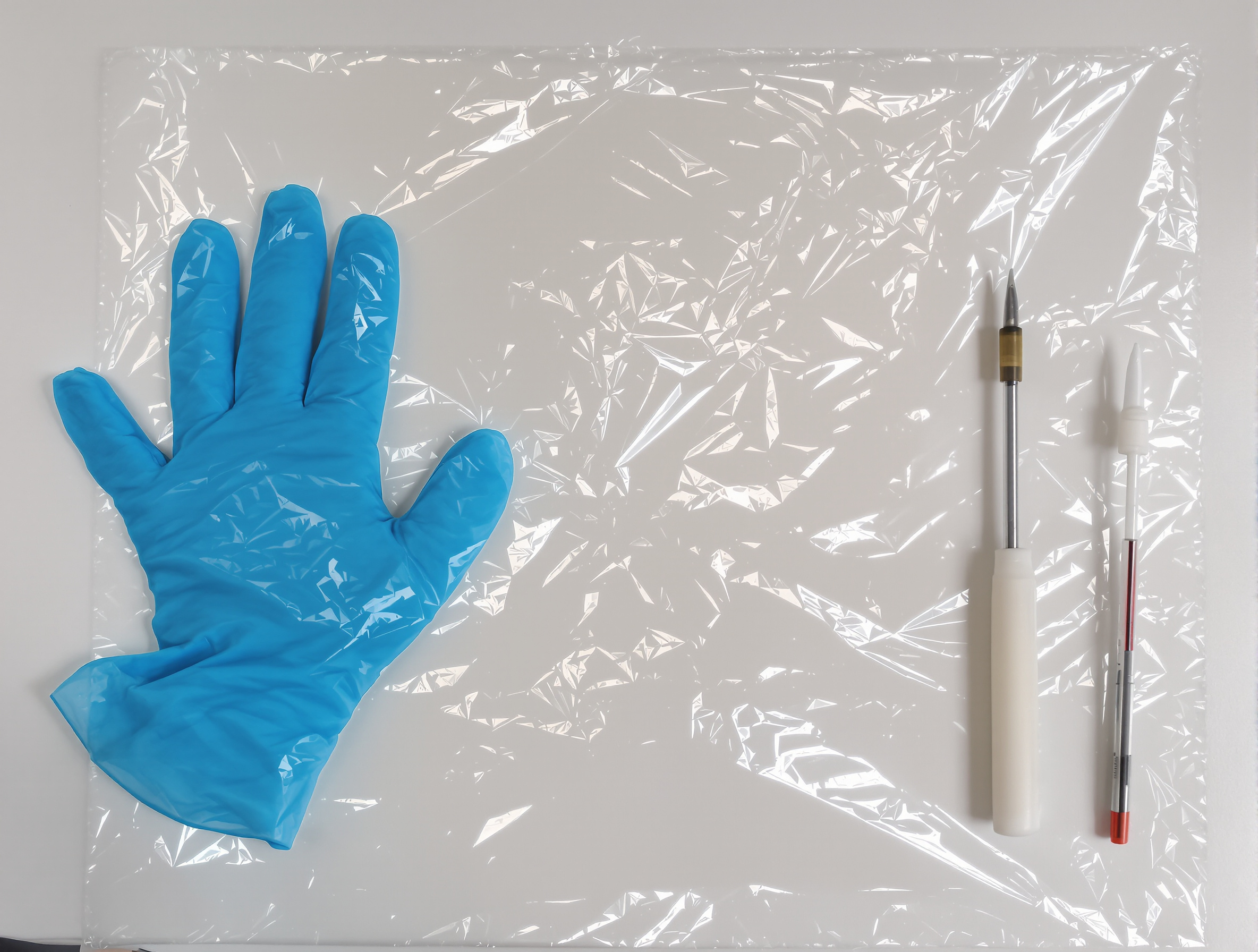 Gants jetables, plan de travail protégé, tube de super glue et applicateur fin prêts à l’emploi.