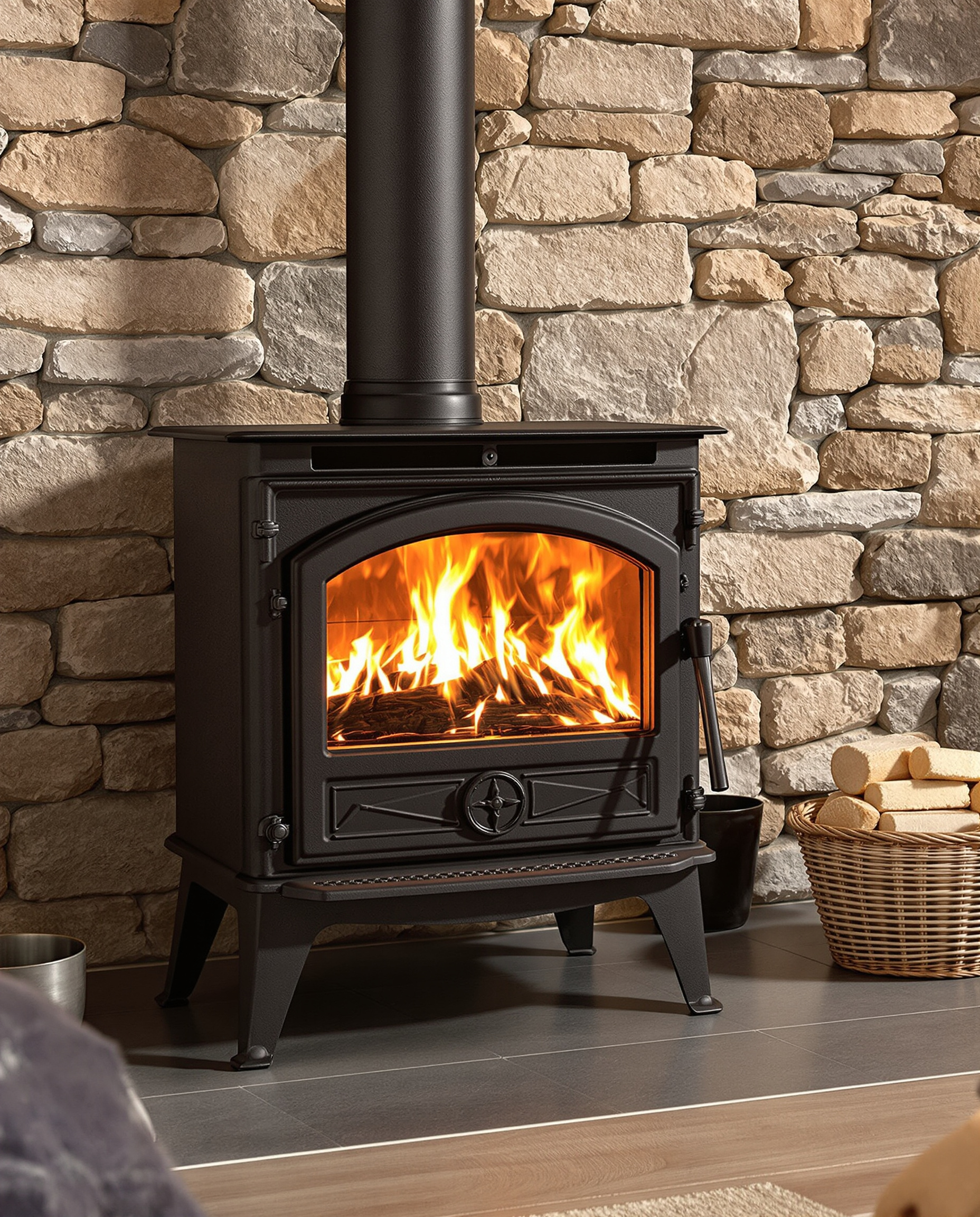 Poêle à bois JØTUL F 602 installé dans une pièce rustique.