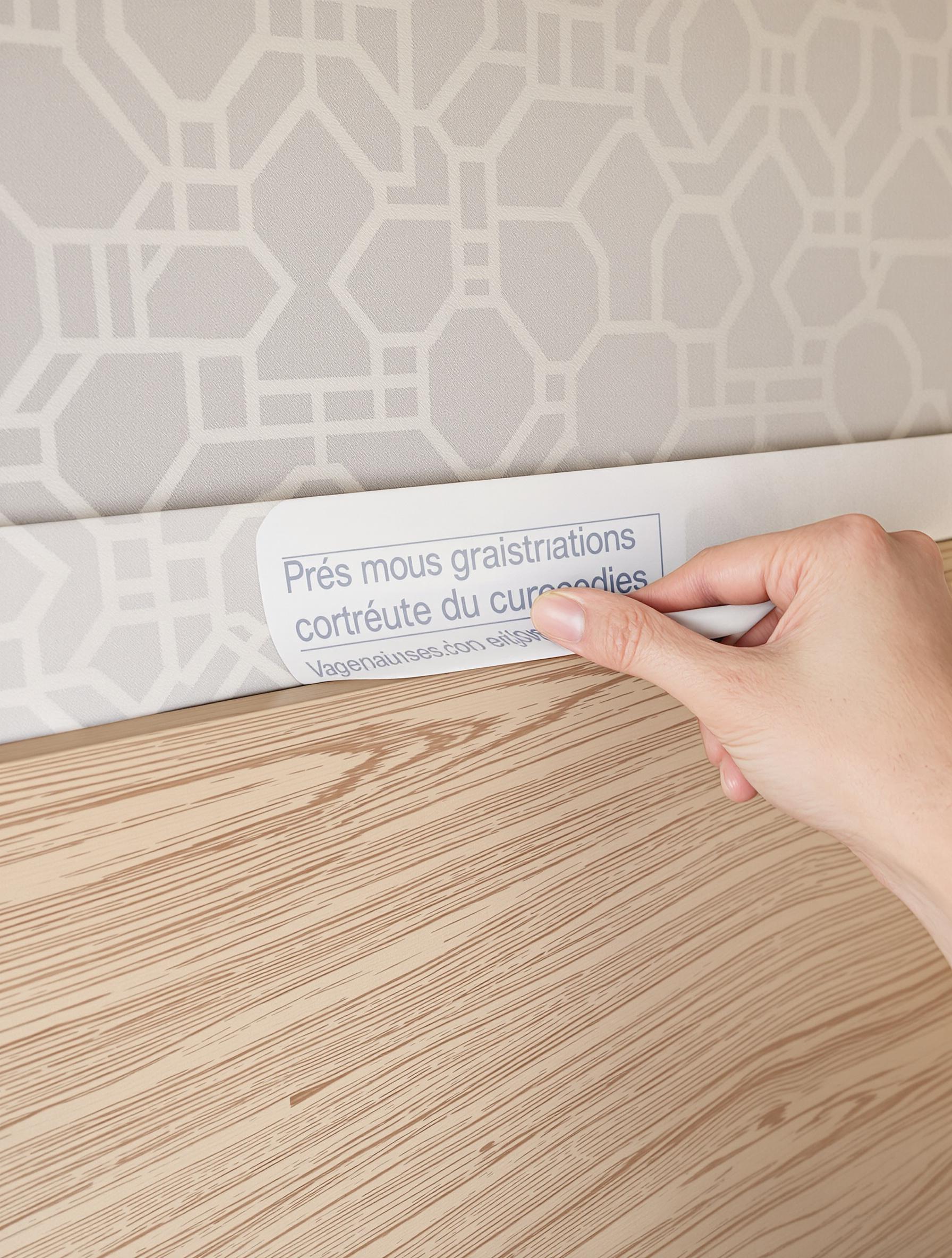 Application du papier peint à motifs sur une tête de lit en bois avec spatule à maroufler, geste du centre vers l'extérieur.