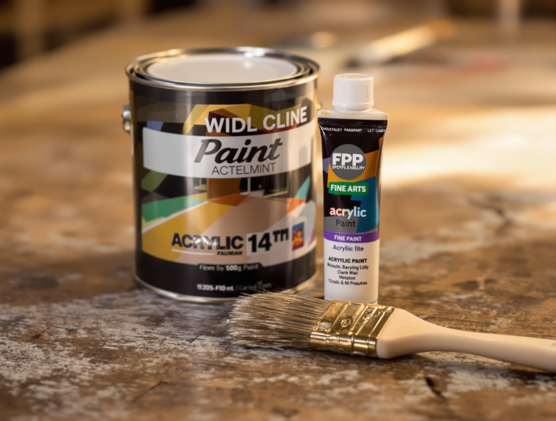 Pot de peinture acrylique murale et tube d'acrylique beaux-arts côte à côte sur fond d'atelier
