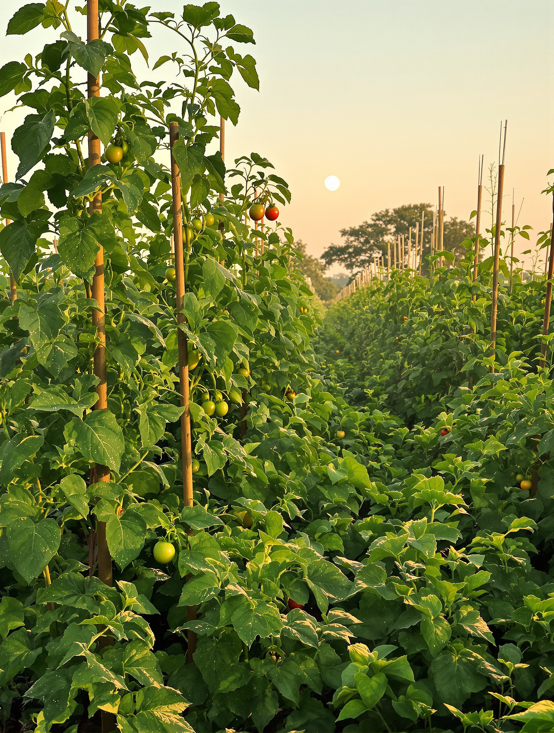 Potager luxuriant en juillet sous la lune, tuteurs de tomates comme piliers.