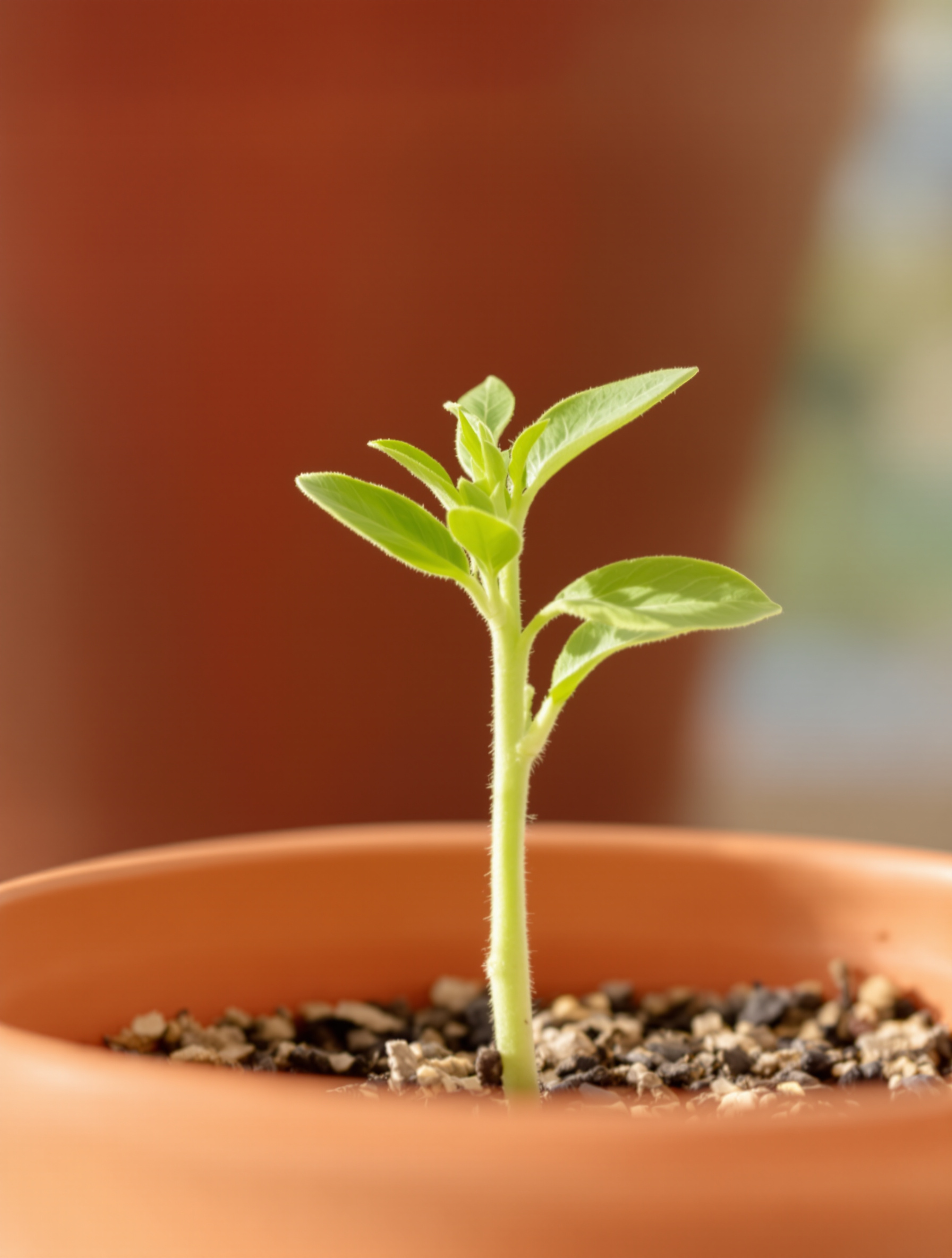 Jeune pousse de citronnier verte et saine dans un petit pot en terre cuite, baignée d'une lumière douce qui exalte la finesse de ses premières feuilles.