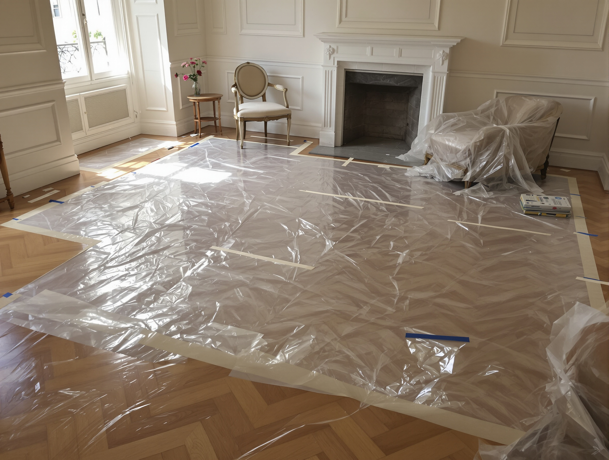 Préparation chantier : bâche épaisse au sol, scotchée aux plinthes, meubles protégés dans un salon ancien.