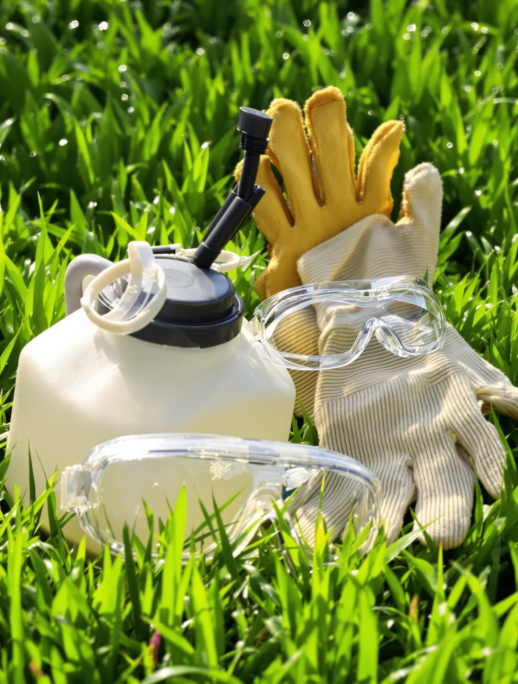 Un pulvérisateur de jardin posé dans l'herbe à côté d'une paire de gants et de lunettes de protection. La scène, baignée d'une lumière douce, évoque la préparation responsable avant l'action et souligne l'importance des précautions à prendre.