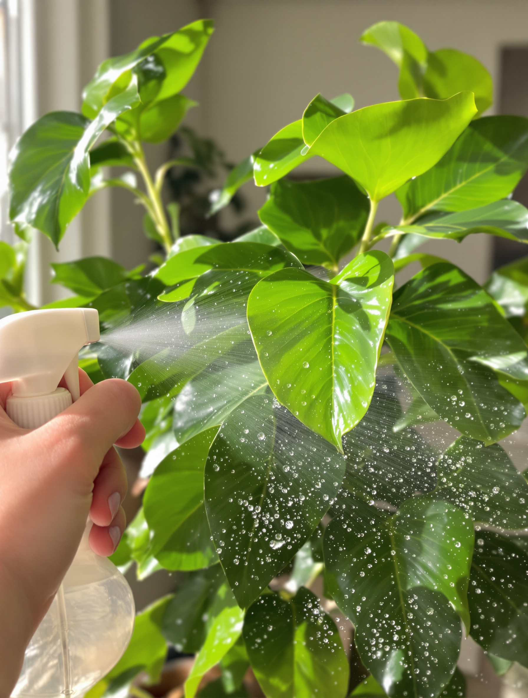 Pulvérisation douce d'une plante verte avec un vaporisateur illustrant la méthode écologique au savon noir.