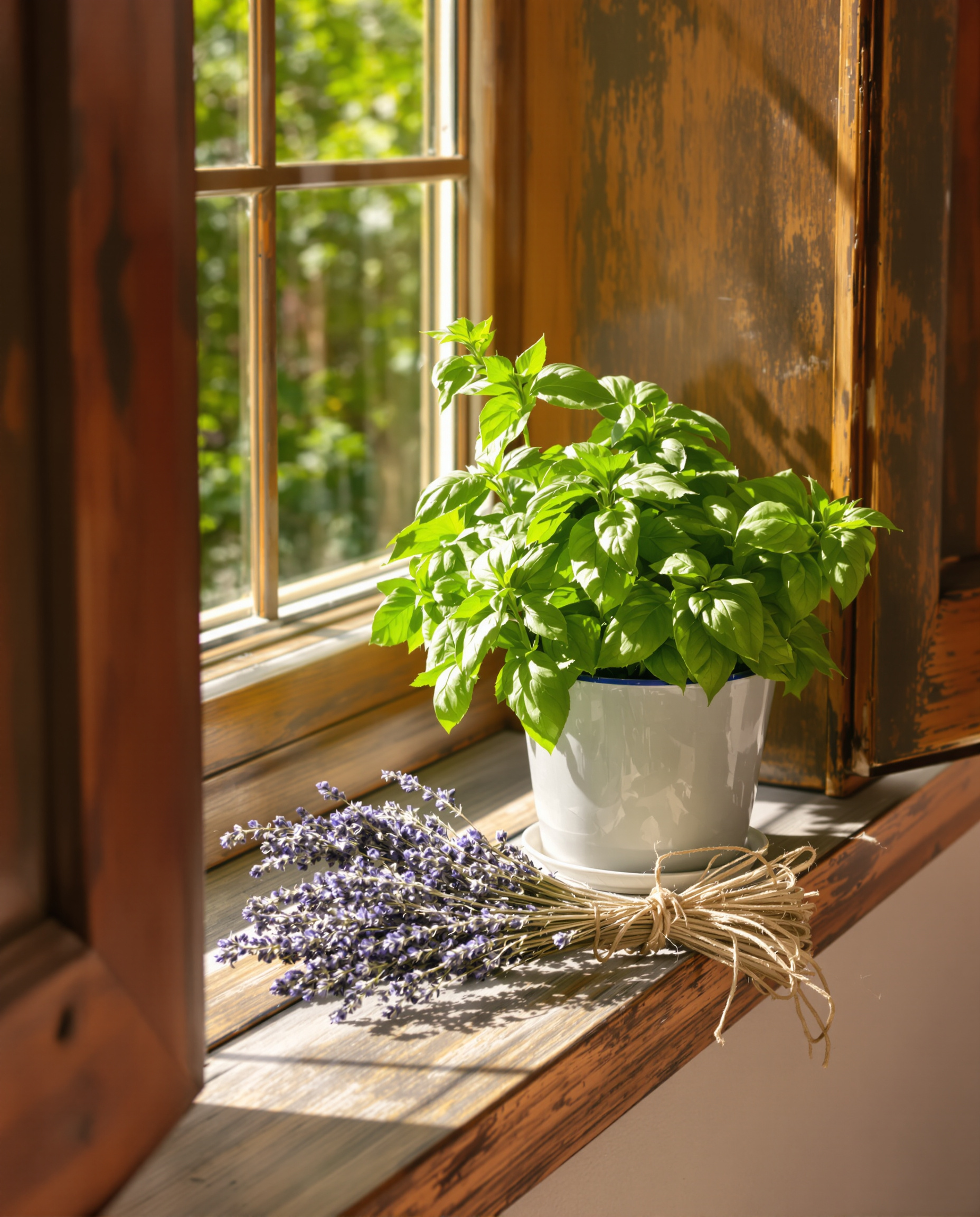 Rebord de fenêtre ancien avec basilic frais et bouquet de lavande séchée – rempart naturel contre mouches et insectes.