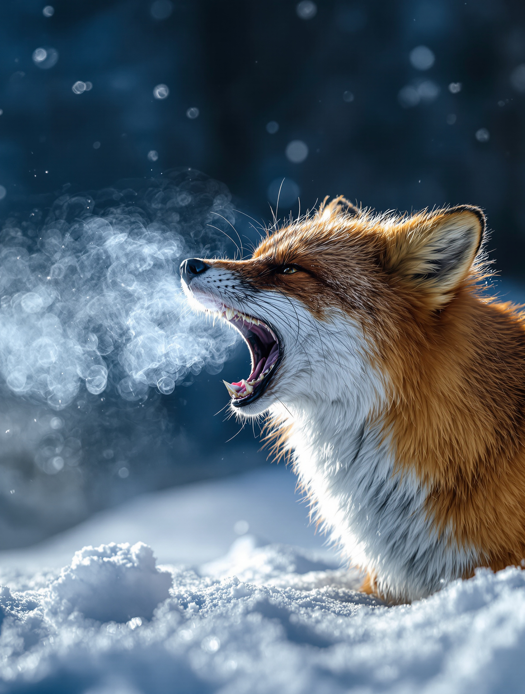 Renard roux en hiver gueule ouverte criant avec buée