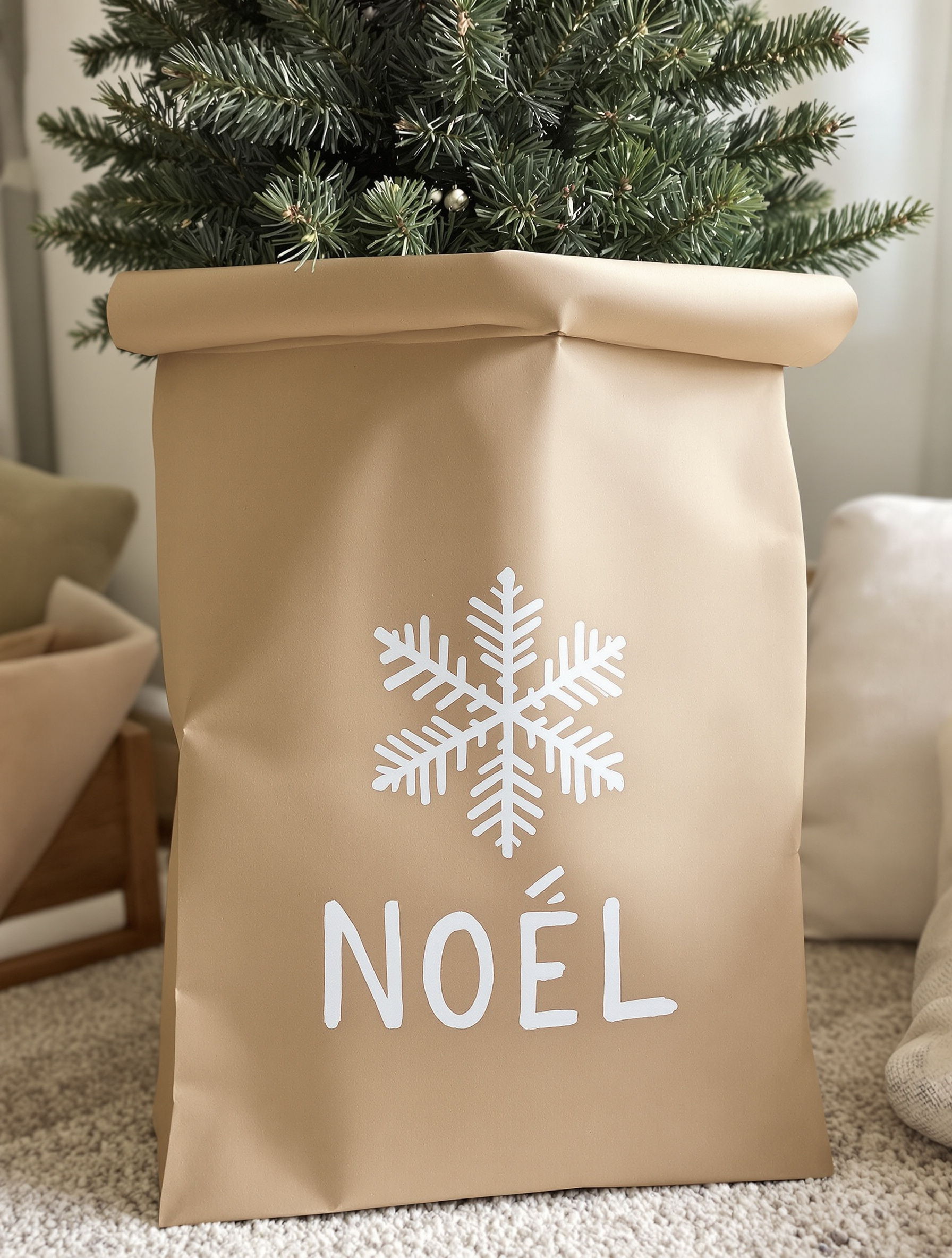 Pied de sapin caché dans un sac kraft personnalisé avec flocon et lettrage Noël