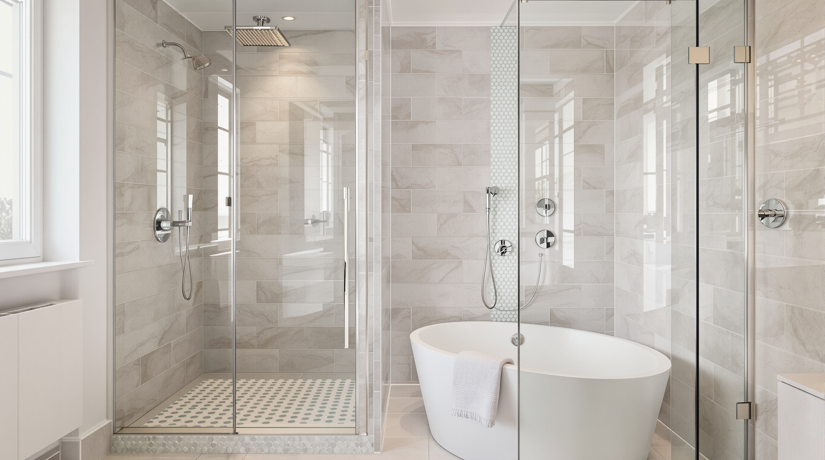Salle de bain élégante avec harmonie entre baignoire et douche italienne grâce au même carrelage et robinetterie design
