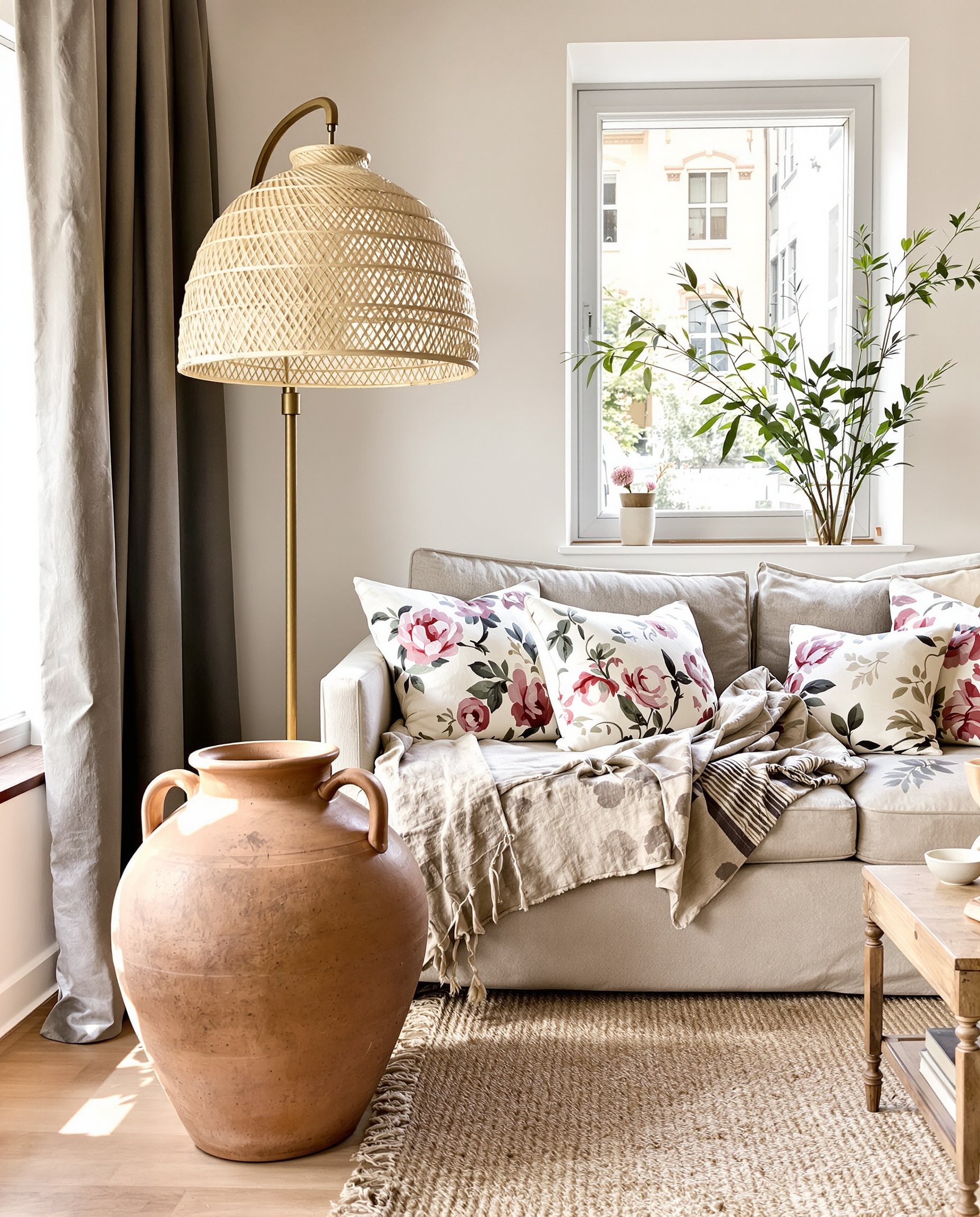 salon bohème bucolique avec coussins floraux, tapis jute, lampe XXL en fibres naturelles et amphore