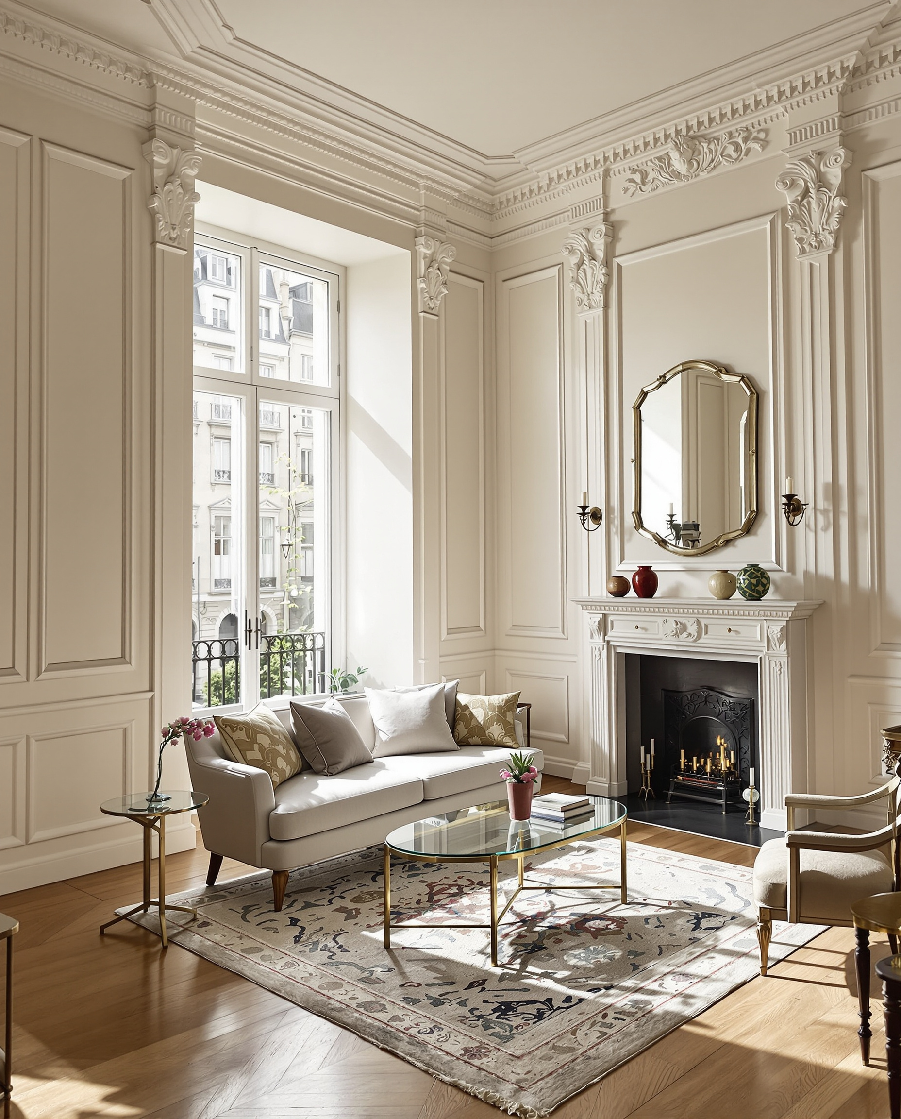 Salon haussmannien murs blanc ivoire lumière douce