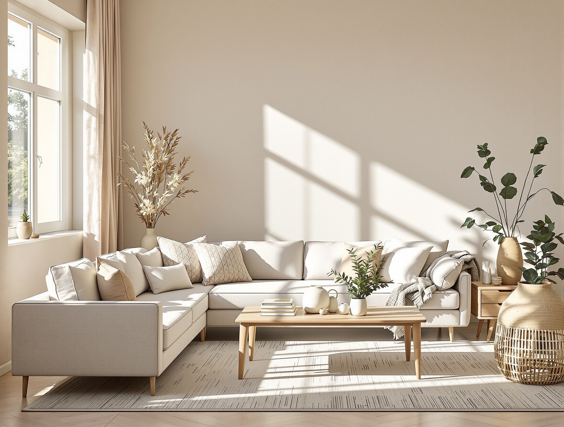 Salon naturel mur taupe clair, canapé lin beige, chêne clair et rotin sous lumière naturelle
