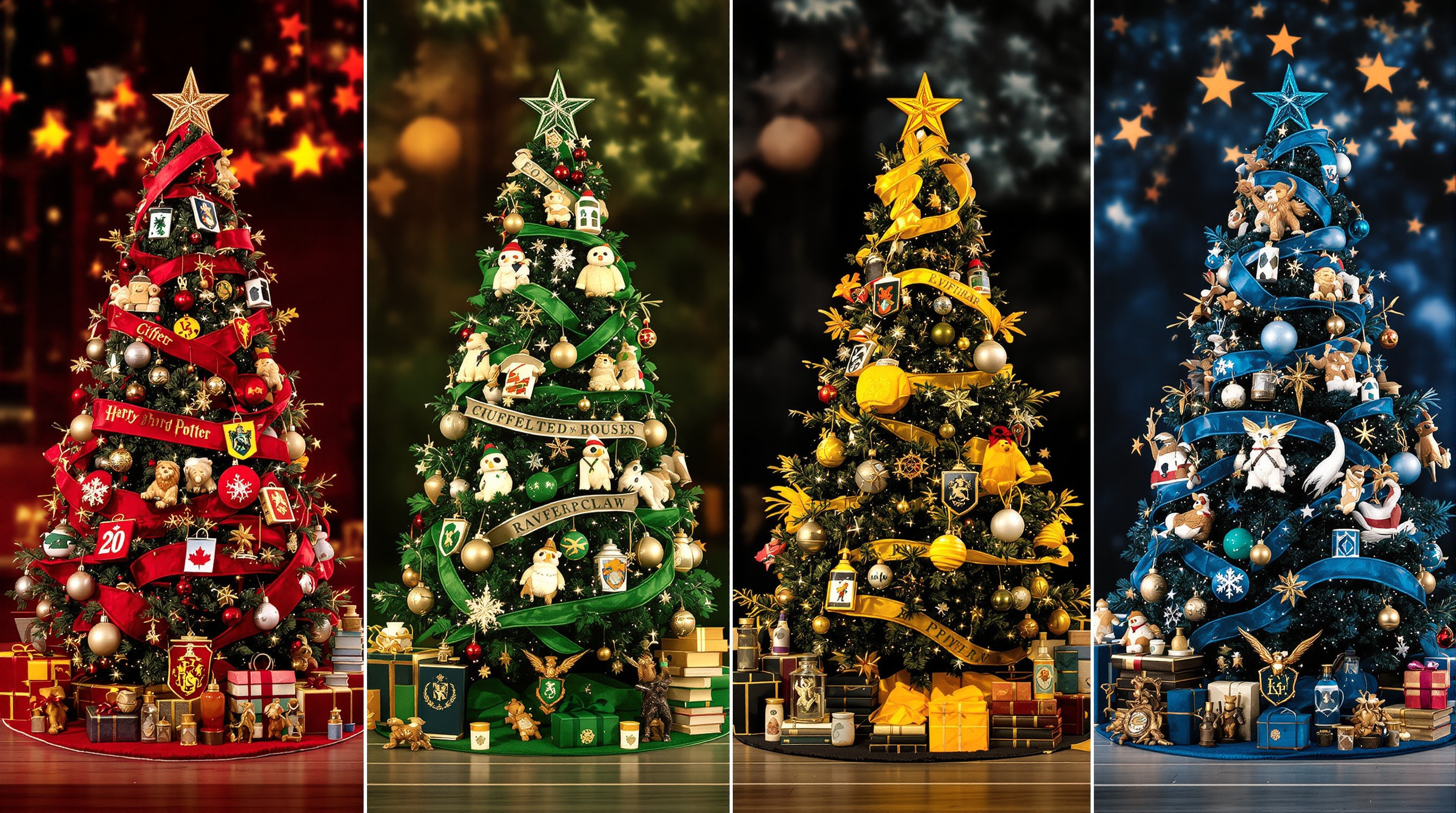 Inspiration : quatre mini-sapins décorés aux couleurs des Maisons de Poudlard