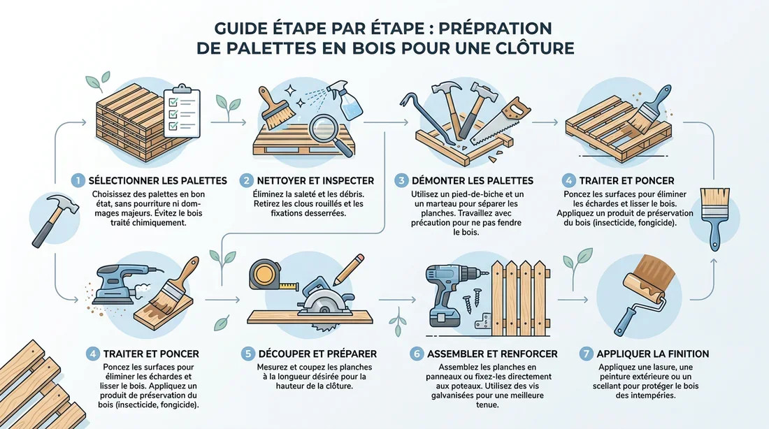 Fixation d'une palette entière sur un poteau en bois avec équerres métalliques