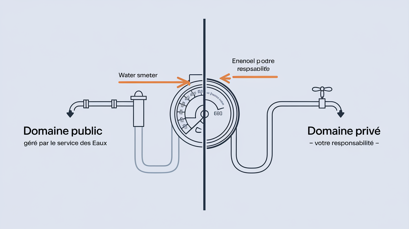 Schéma des responsabilités du raccordement d'eau : domaine public à gauche, domaine privé à droite