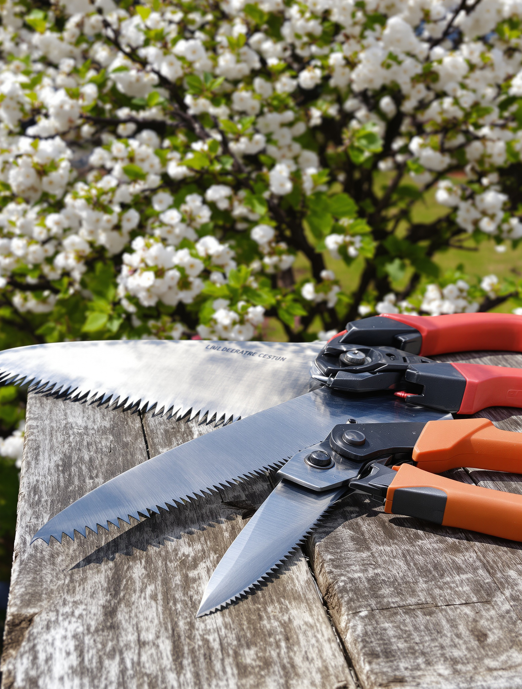 Sécateur, scie d’élagage et coupe-branche propres devant un Arbre de Judée en fleurs