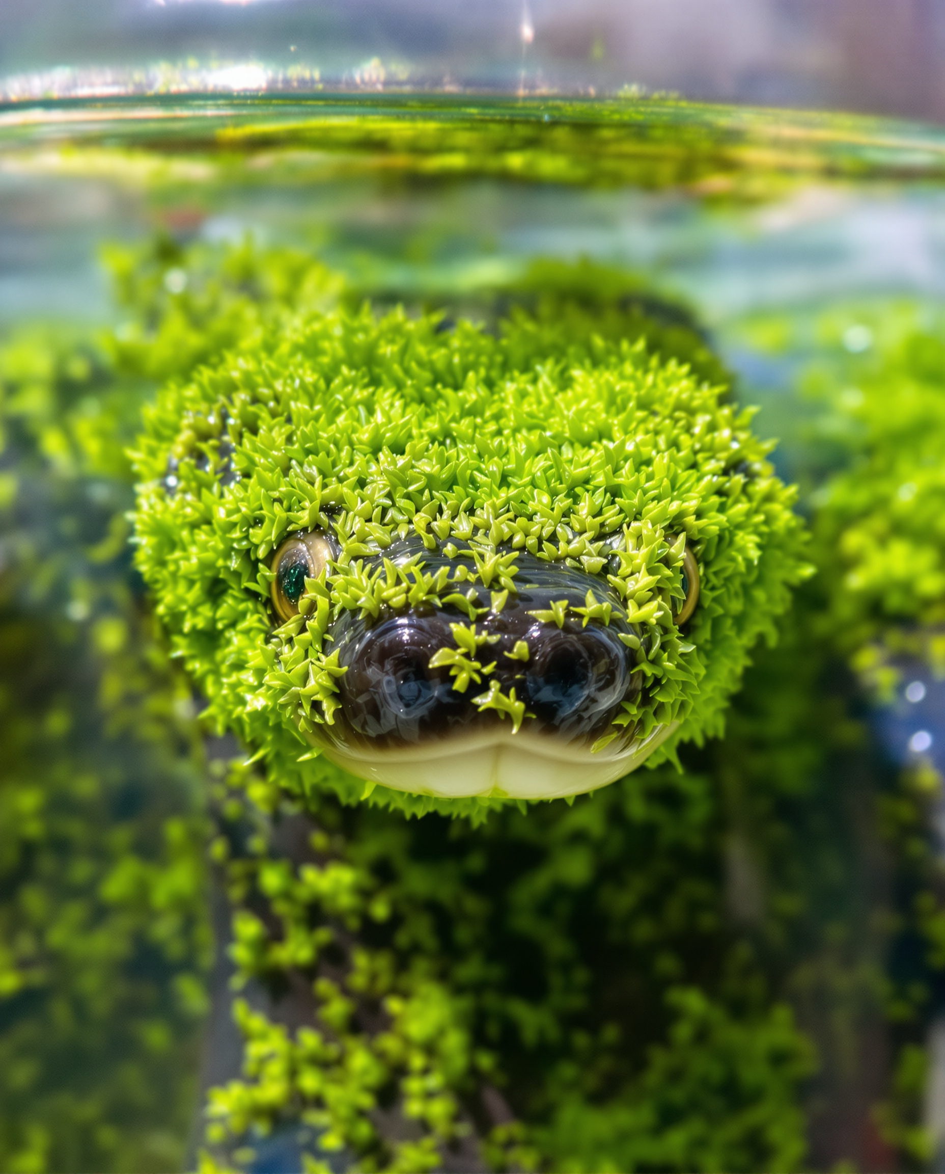 Serpent d'eau à face bouffie couvert d'algues vertes, aspect poilu, dans un récipient d'eau