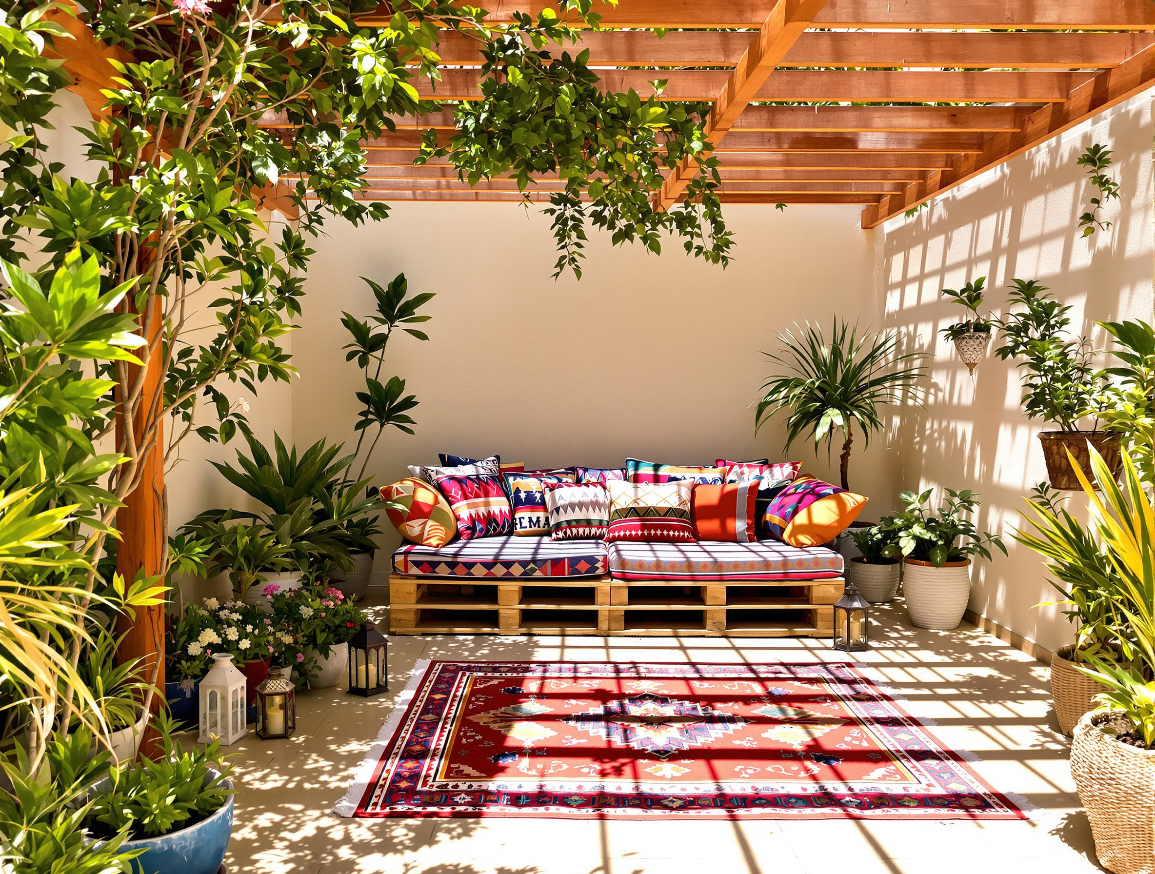 Terrasse bohème lumineuse avec coin salon cosy sous pergola