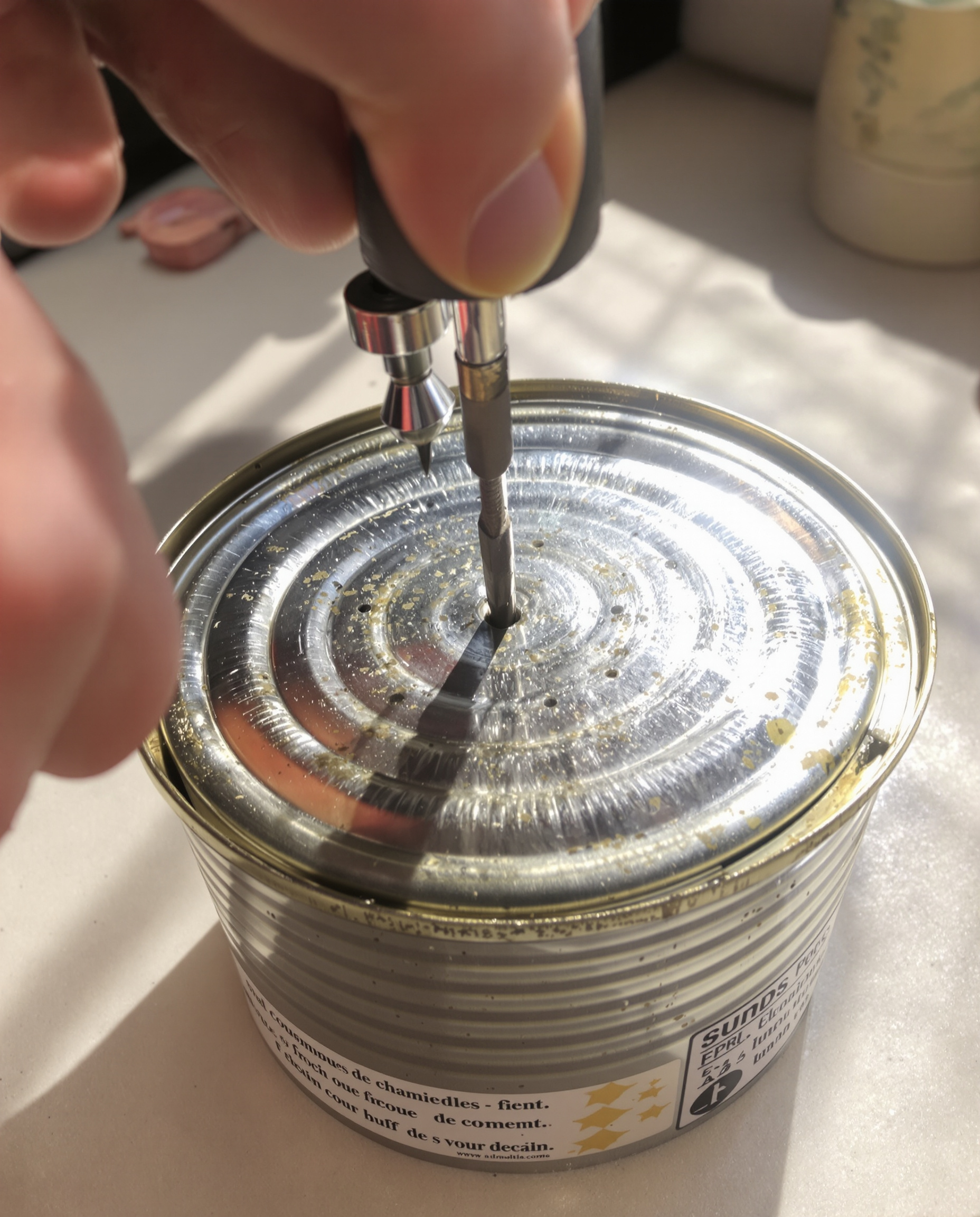 Un tournevis plat est positionné sur le rebord du couvercle d'une boîte de conserve, une main tenant un petit marteau s'apprête à donner un coup sec. On voit déjà plusieurs petits trous réguliers percés dans le métal, comme si la boîte avait subi une opération de poinçonnage méthodique.