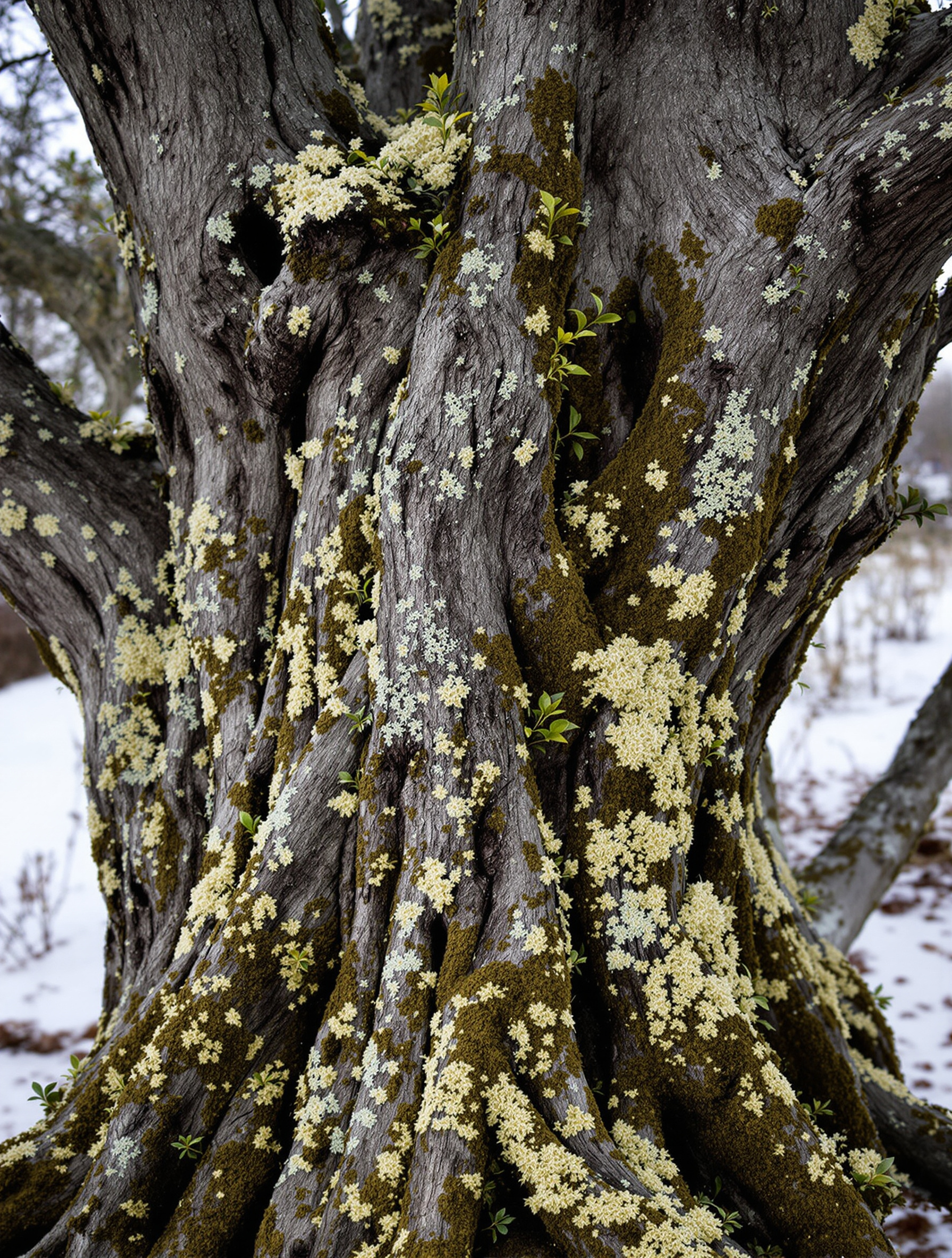 Vieux pommier noueux en hiver, tronc couvert de lichen, branches rajeunies et vigueur visible.