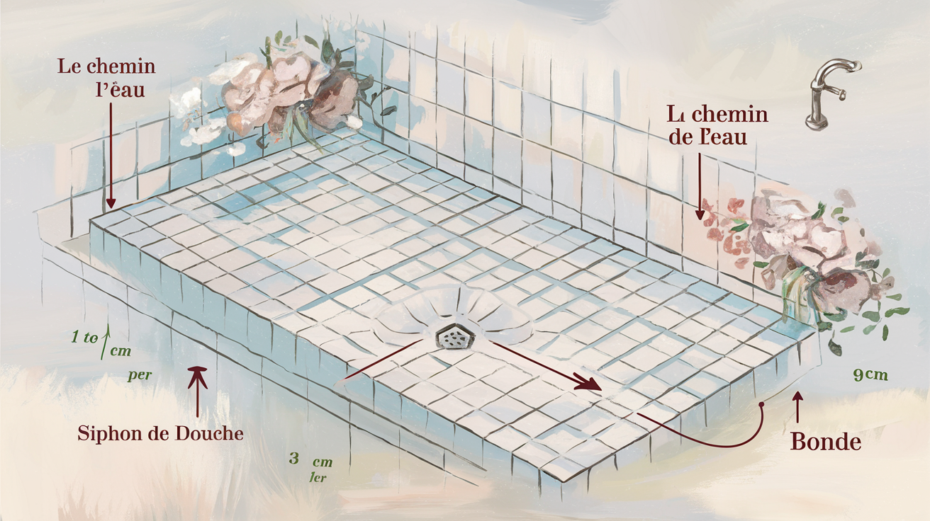 Schéma coupe pente siphon et bonde pour douche italienne